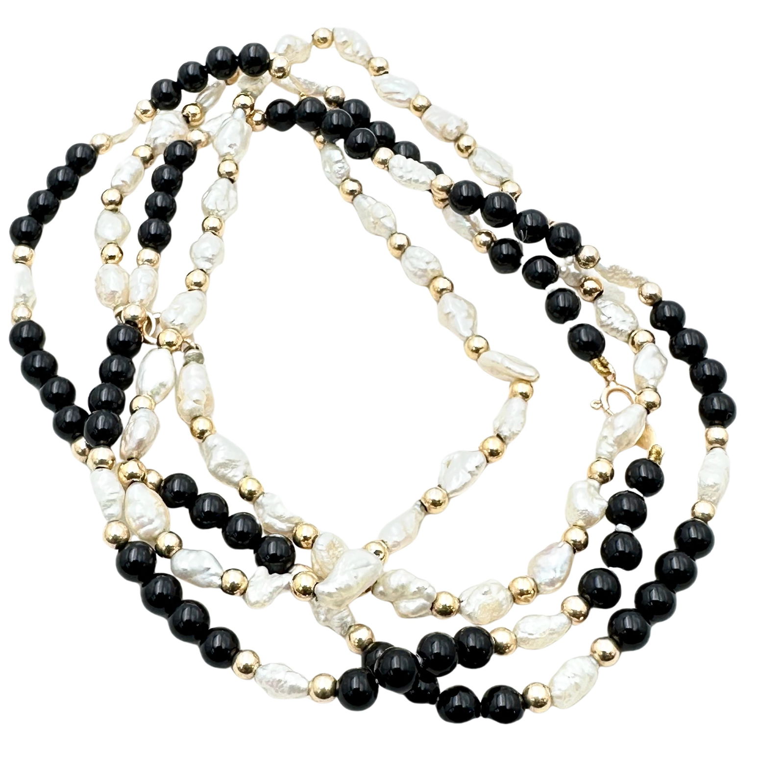 Group of Two 14k Gold Bead Necklaces Pearl Black Onyx Total Weight Both Necklaces 16 Grams (1 of 2)
