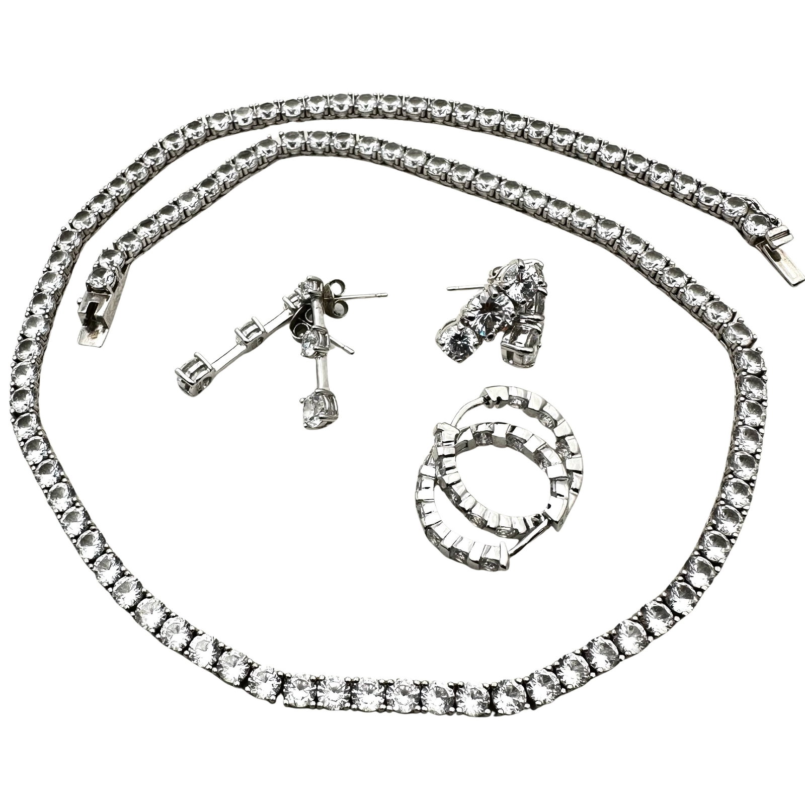 Sterling Silver White Sapphire Tennis Necklace Coordinating Pierced Earrings: Sterling Silver White Sapphire Tennis Necklace Coordinating Pierced Earrings