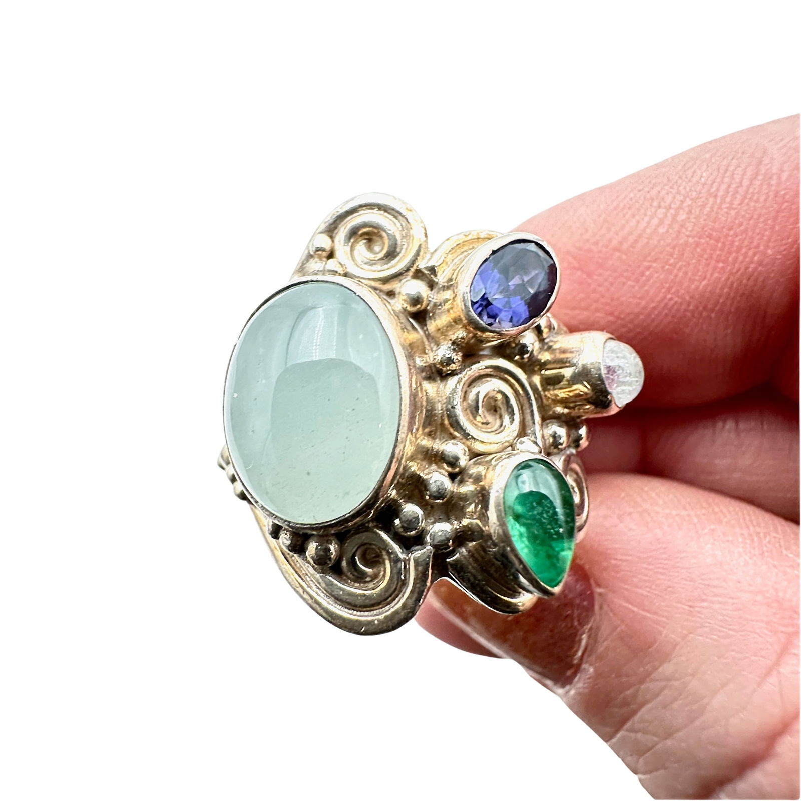 Designer Sajen Multi Gemstone Sterling Silver Ring Adjustable Size (1 of 2)
