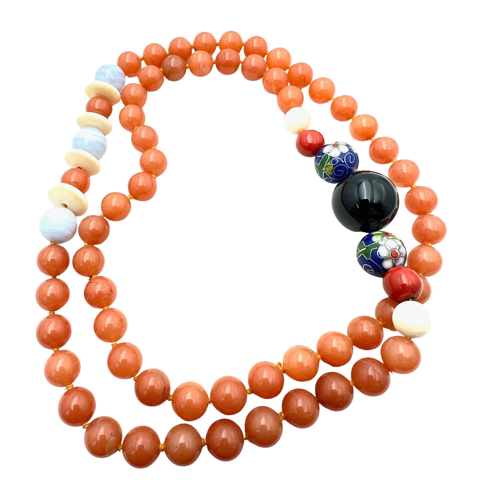 Asian Gemstone Cloisonné Bead Necklace Blue Lace Agate Carnelian: Asian Gemstone Cloisonné Bead Necklace Blue Lace Agate Carnelian