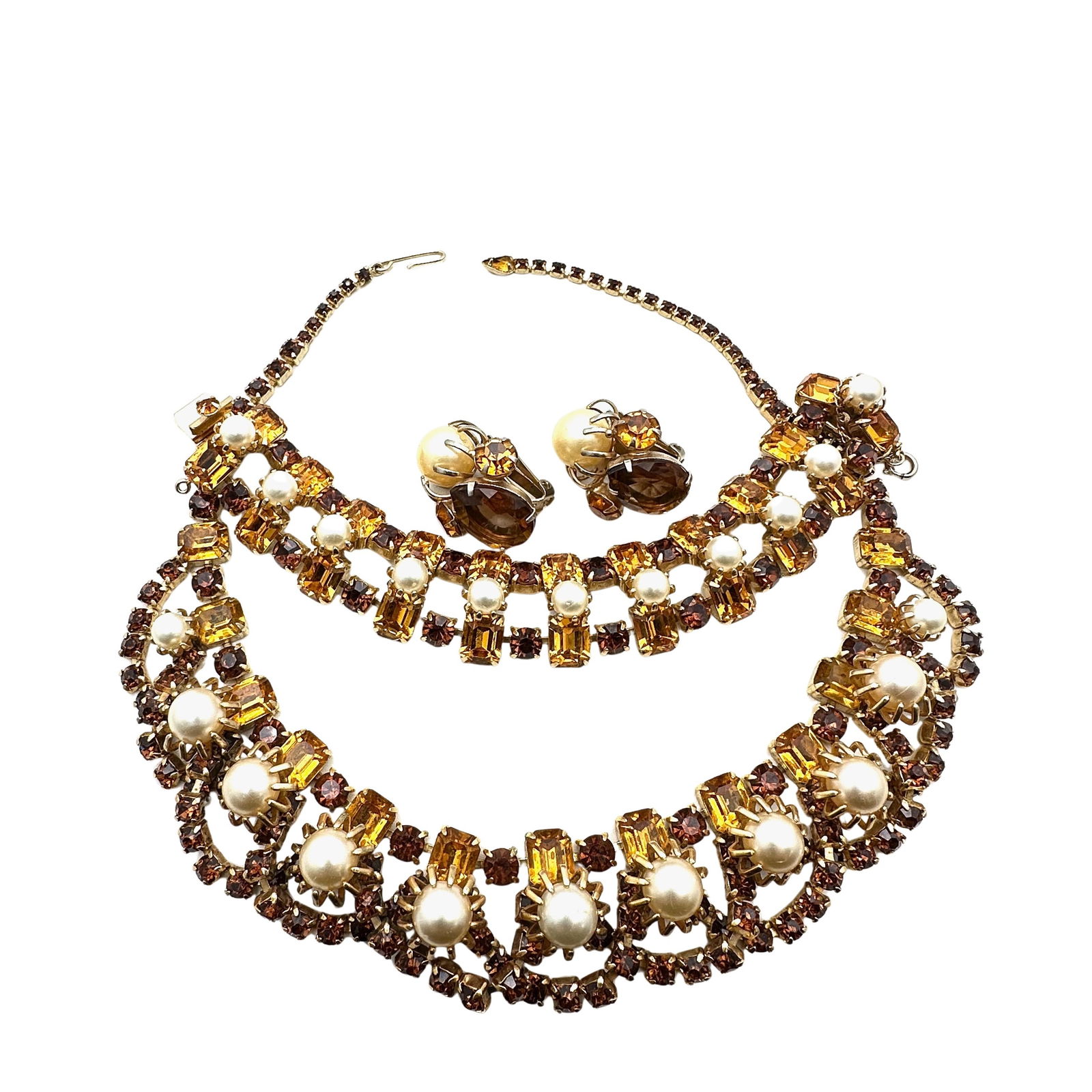 Vintage Amber Colored Glass Rhinestone Faux Pearl Necklace Bracelet And Earrings Set: Vintage Amber Colored Glass Rhinestone Faux Pearl Necklace Bracelet And Earrings Set