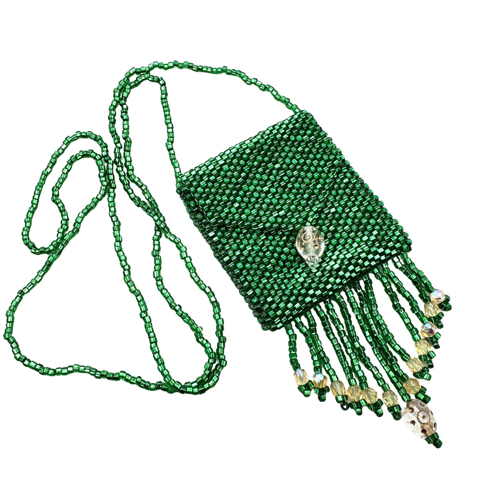 Vintage Green Glass Seed Bead Tiny Purse Necklace (1 of 3)