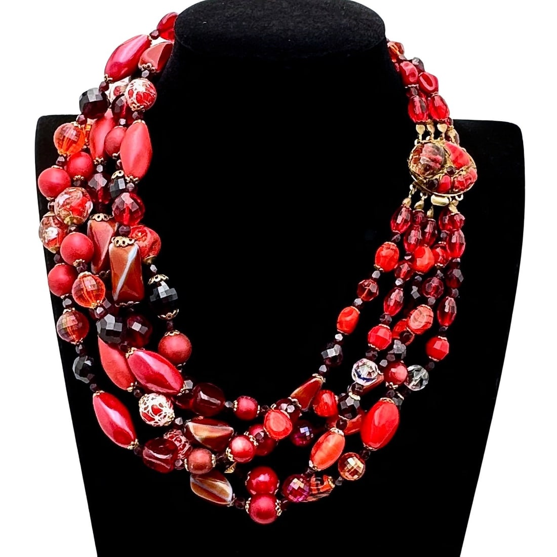 Vintage High End Well Made Red Multi Strand Glass Necklace Gold Tone Ornate Rhinestone Clasp (1 of 3)