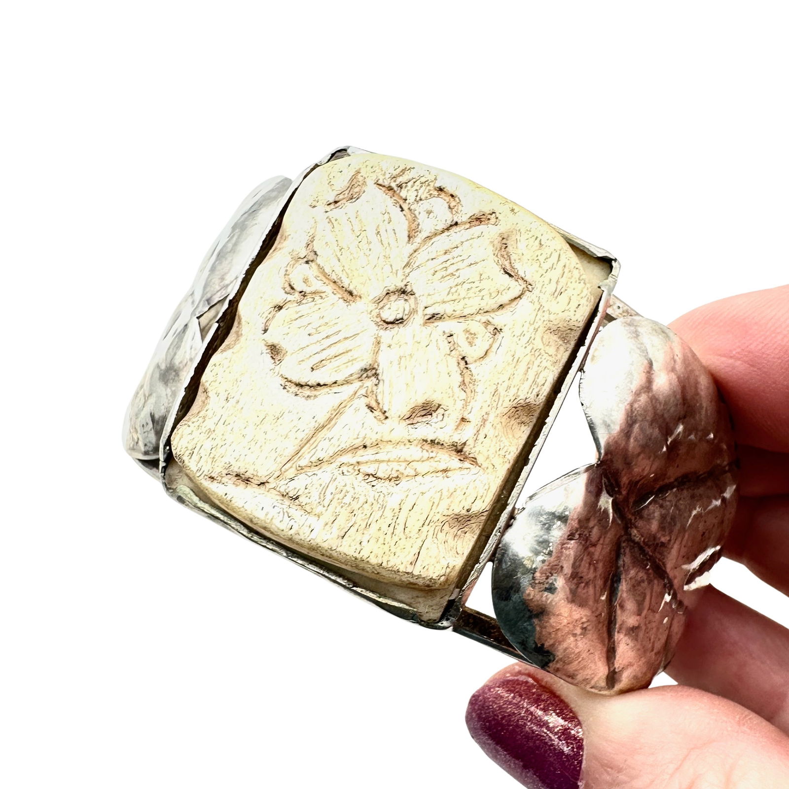 Sterling Silver Cuff Bracelet Flower Leaves Design 61 Grams (1 of 5)