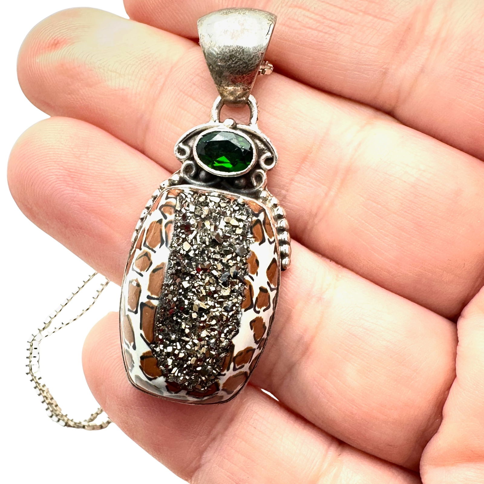 Leopard Drusy Quartz Emerald Sterling Silver Pendant Necklace 18 Inch 18 Grams (1 of 4)