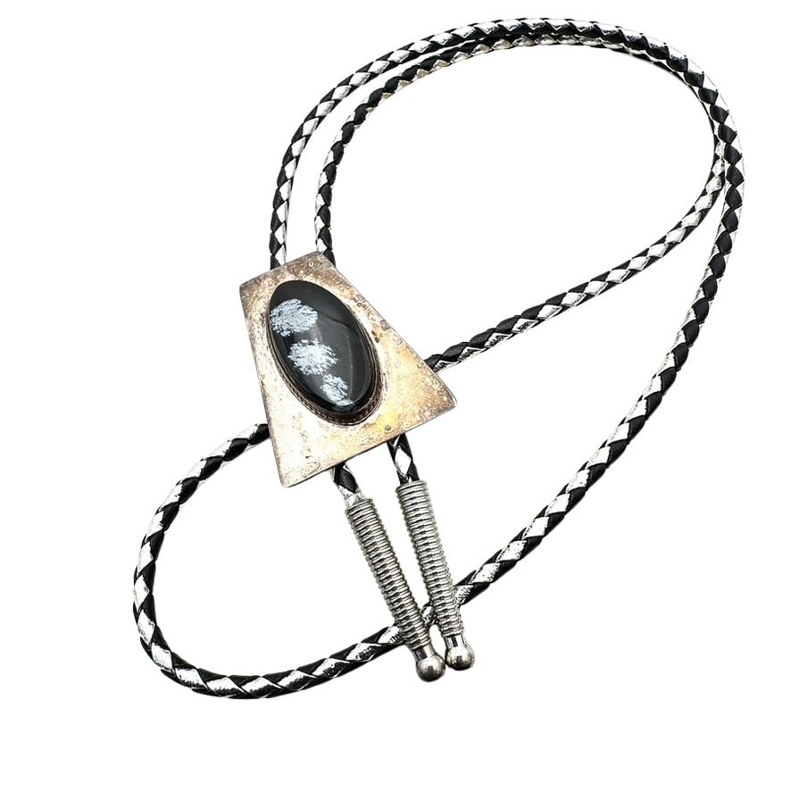 Mixed Metal Snowflake Obsidian Gemstone Bolo Necklace: Mixed Metal Snowflake Obsidian Gemstone Bolo Necklace