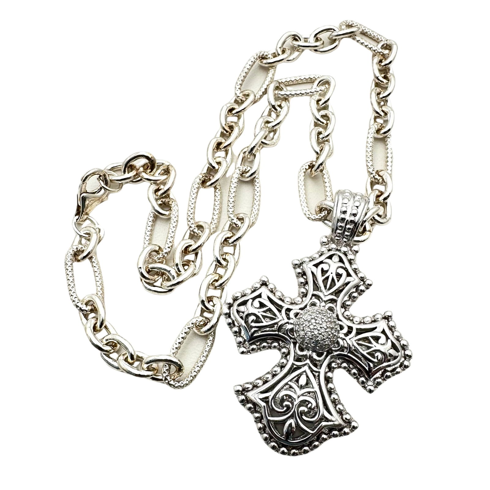 Designer Diamond Cross Pendant Enhancer Sterling Silver Necklace 62 Grams 16 Inch Chain 2 Inch Cross (1 of 2)