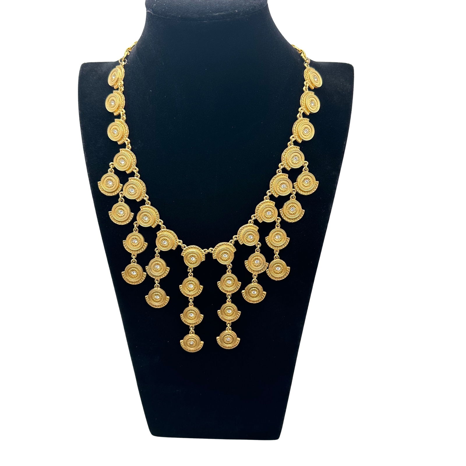 Vintage Etruscan Revival Matte Gold Tone Clear Rhinestone Crystal Statement Necklace 18 Inch Nice He (1 of 4)