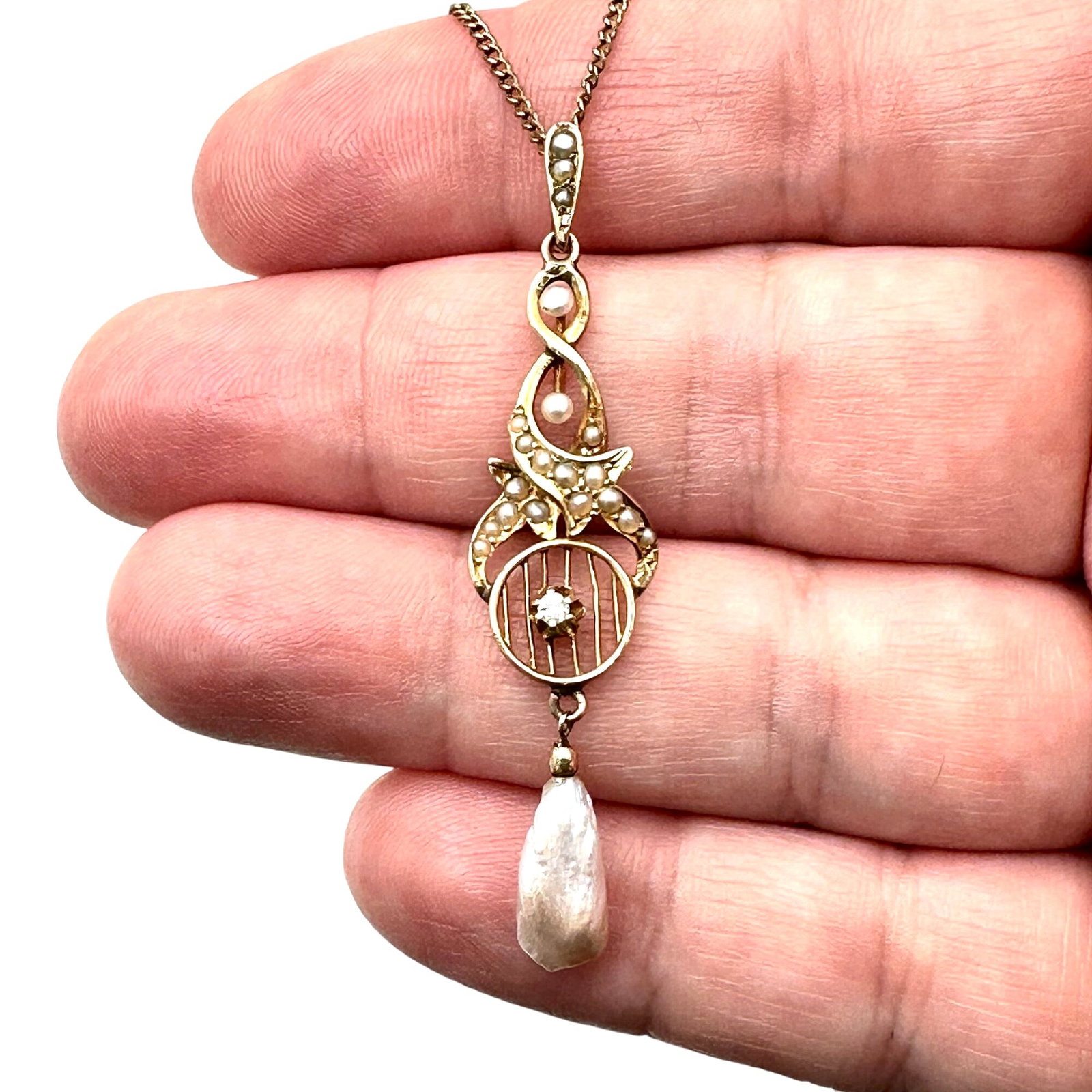 Antique 14k Yellow Gold Diamond Pearl Lavalier 18 Inch Necklace 4 Grams Vintage: Antique 14k Yellow Gold Diamond Pearl Lavalier 18 Inch Necklace 4 Grams Vintage