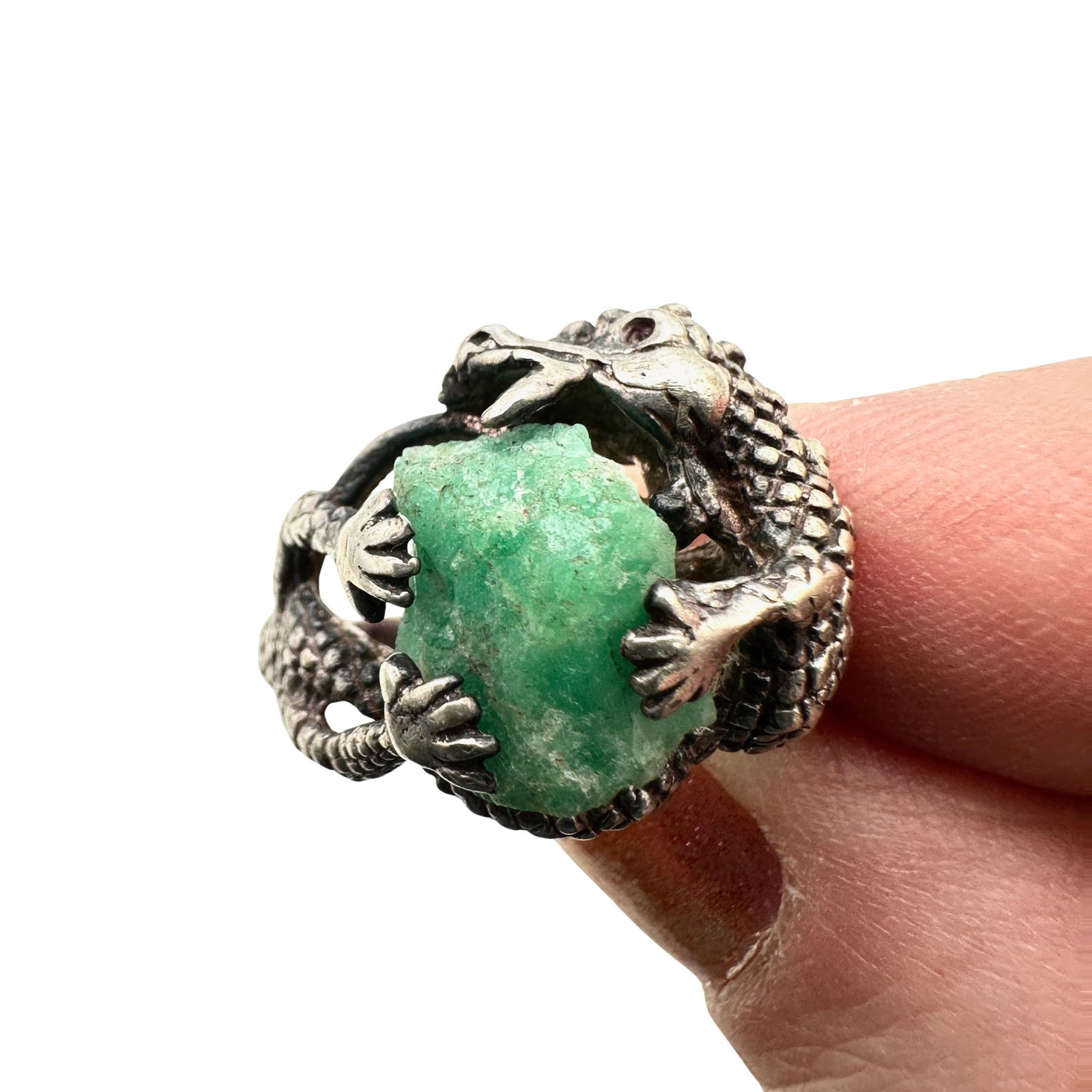 Vintage Sterling Silver Green Jade Dragon Ring Size 6 (1 of 2)