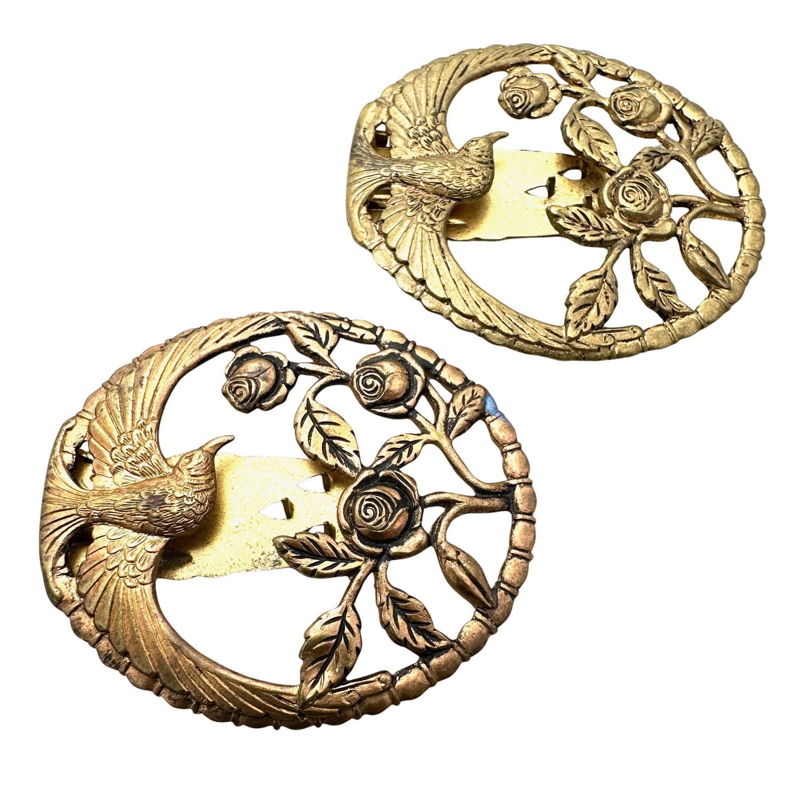 Antique Pair of Faux Bronze Tone Fur Dress Clips Bird Rose Designs 2 Inch Each: Antique Pair of Faux Bronze Tone Fur Dress Clips Bird Rose Designs