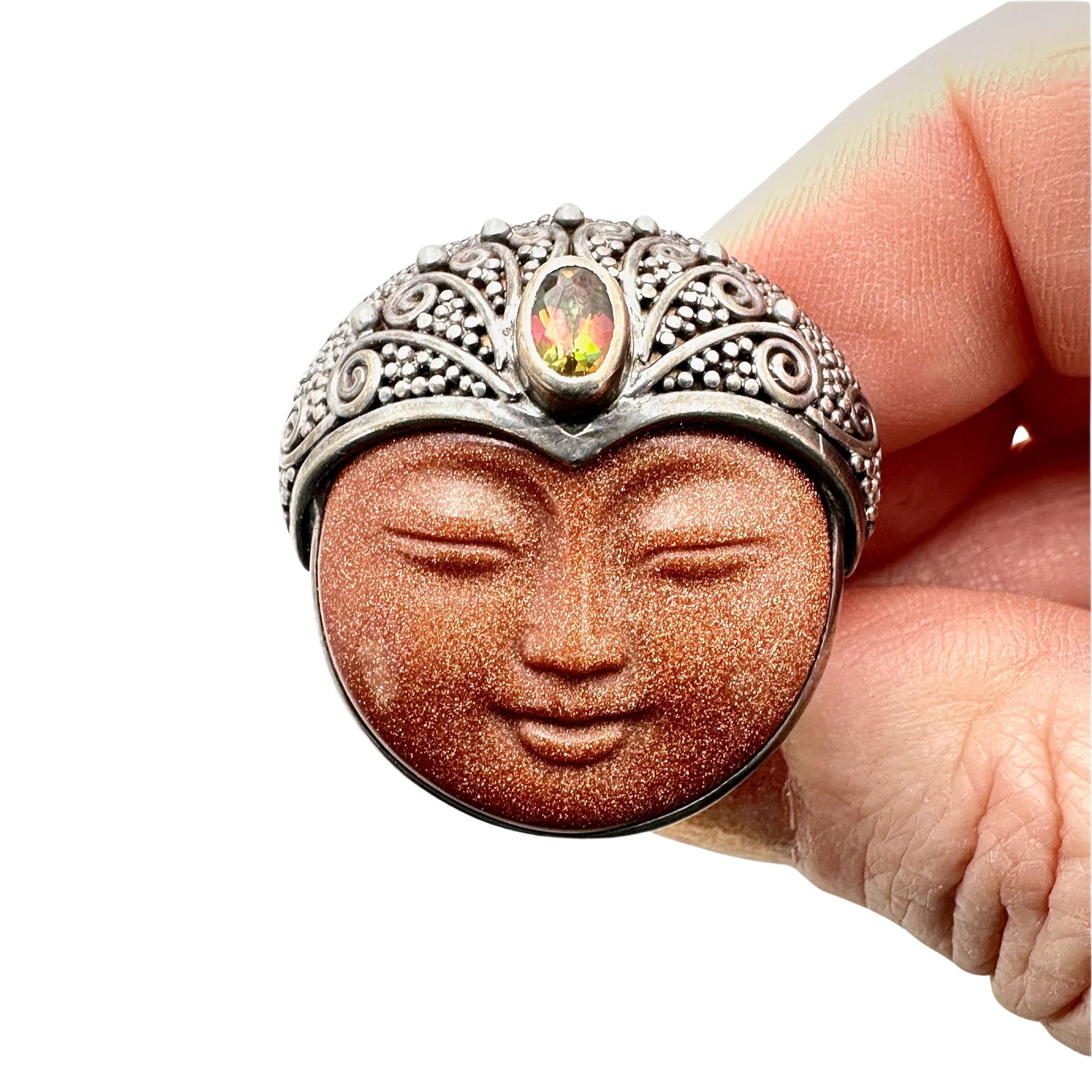 Vintage Sajen Goddess Goldstone Gemstone Sterling Silver Statement Ring Adjustable Size 32 Grams (1 of 2)