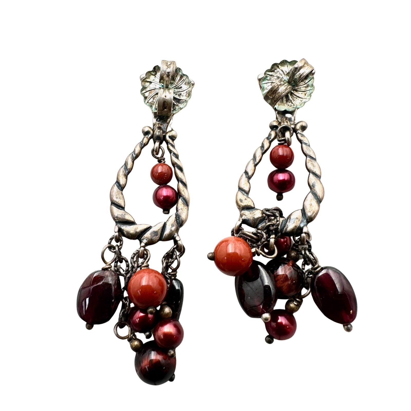 Carolyn Pollack Sterling Silver Garnet Red Pearl Chandelier Earrings Pierced 2 Inch: Carolyn Pollack Sterling Silver Garnet Red Pearl Chandelier Earrings Pierced 2 Inch