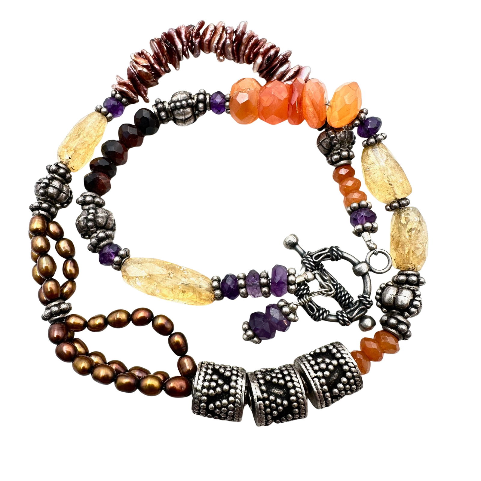 Indonesian Sterling Silver Amethyst Citrine Multi Gemstone Statement Necklace 18 Inch 66 Grams (1 of 3)