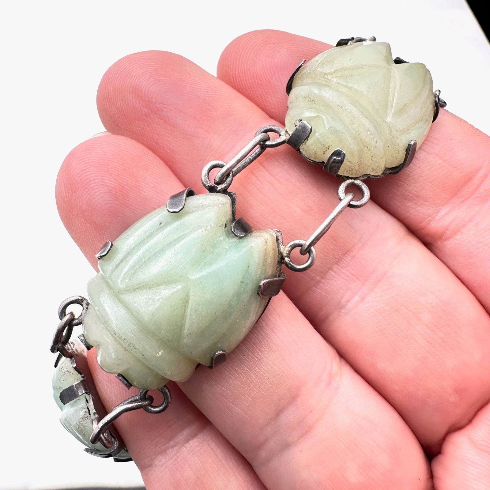 Early Vintage Mexico Green Jade Carved Scarab Sterling Silver Bracelet 6.5 Inch (1 of 4)