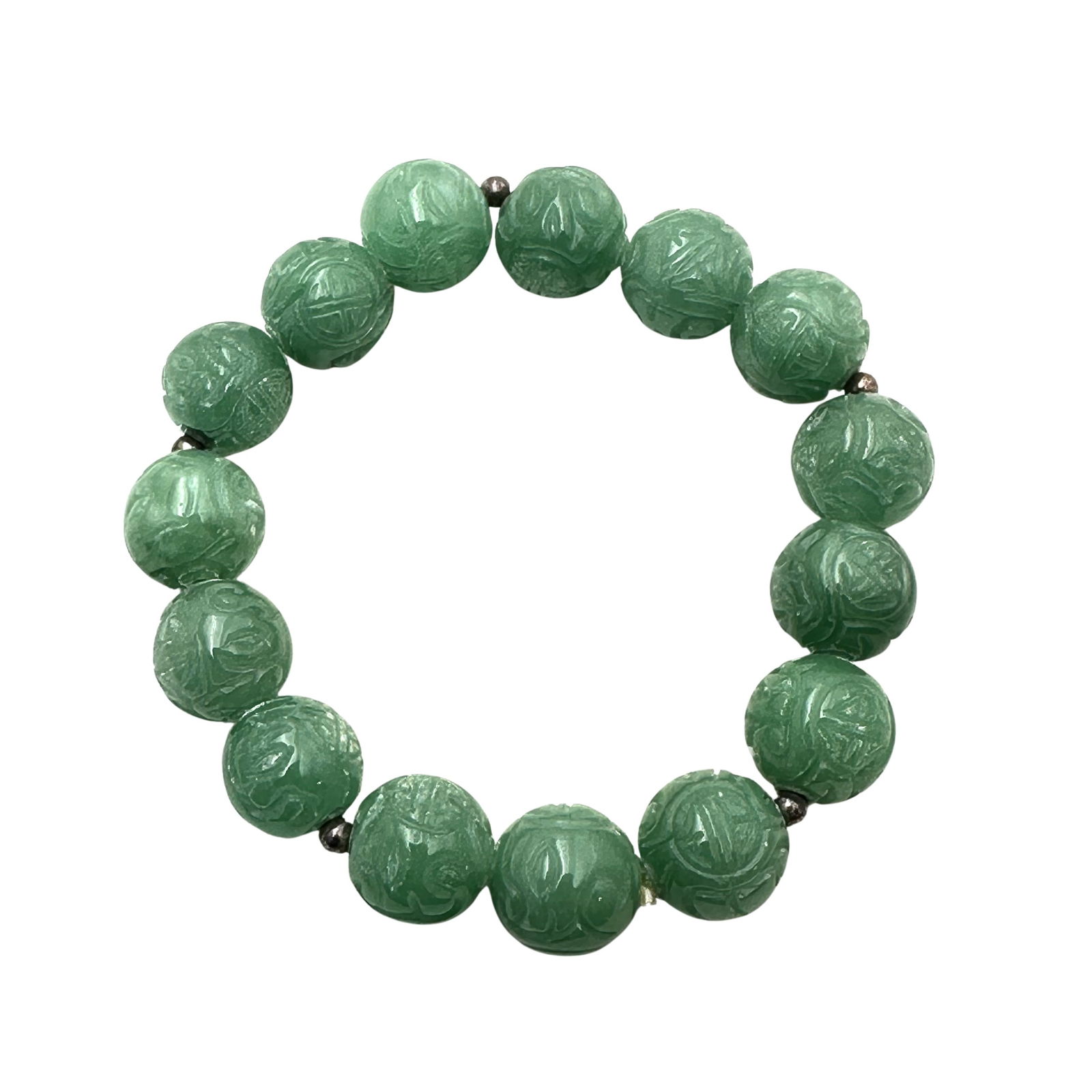 Asian Carved Design Green Jade Bead Expandable Bracelet 41 Grams (1 of 3)