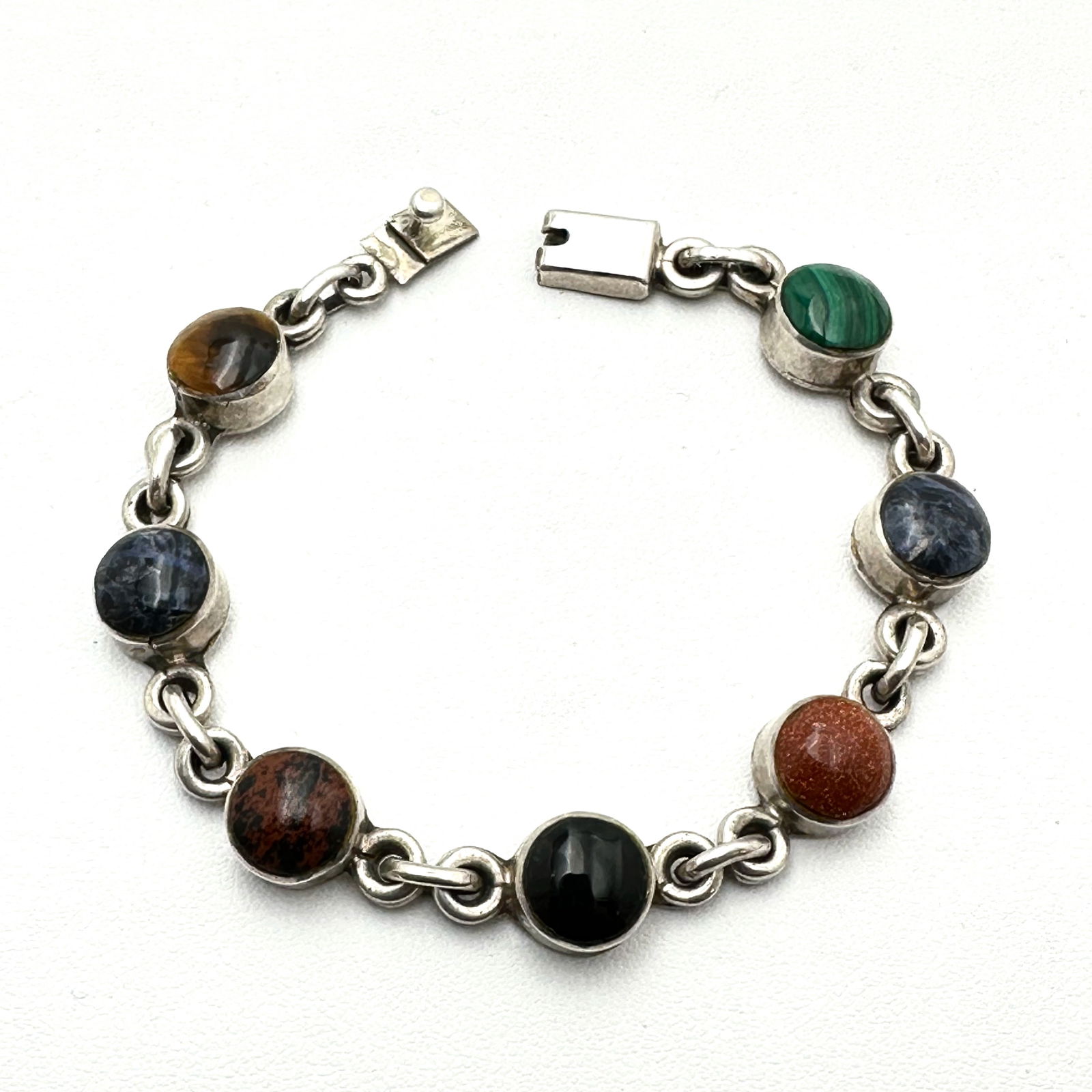 Vintage Mexico Sterling Silver Multi Gemstone Bracelet 7 Inch 23 Grams Lapis Malachite Gold Stone (1 of 3)