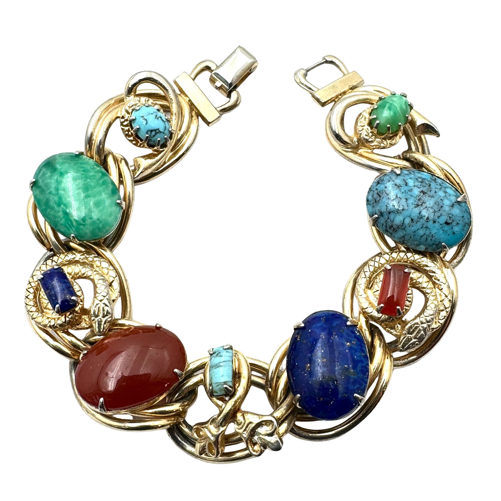 Vintage Red Green Blue Czech Glass Gold Tone Snake Bracelet 7 Inch Length (1 of 2)