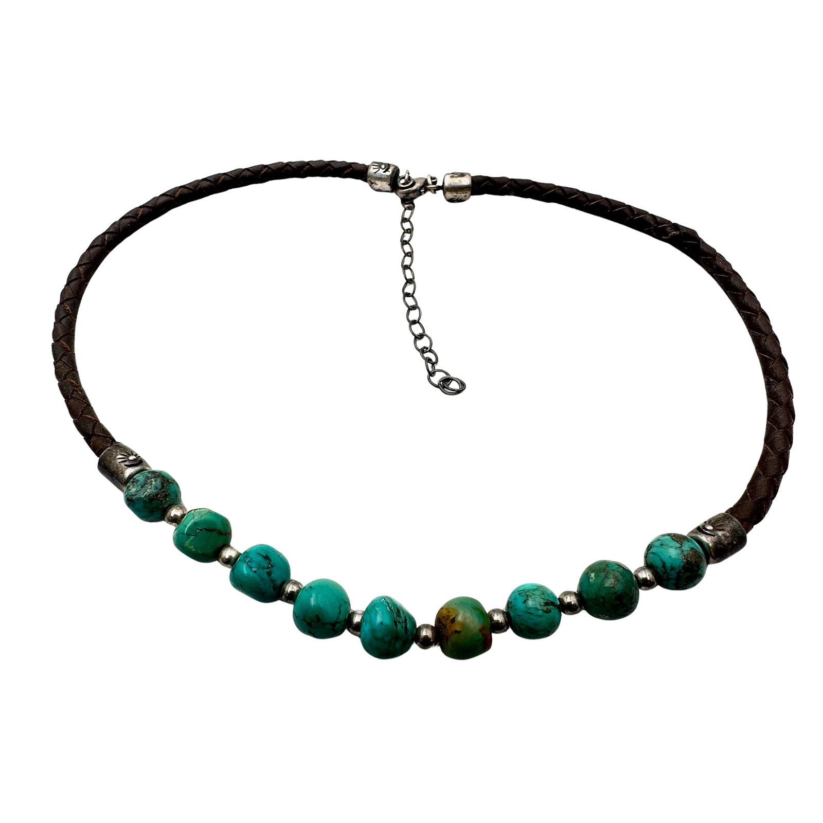 Turquoise Bead Brown Leather Sterling Silver Necklace 16 to 18 Inch: Turquoise Bead Brown Leather Sterling Silver Necklace 16 to 18 Inch