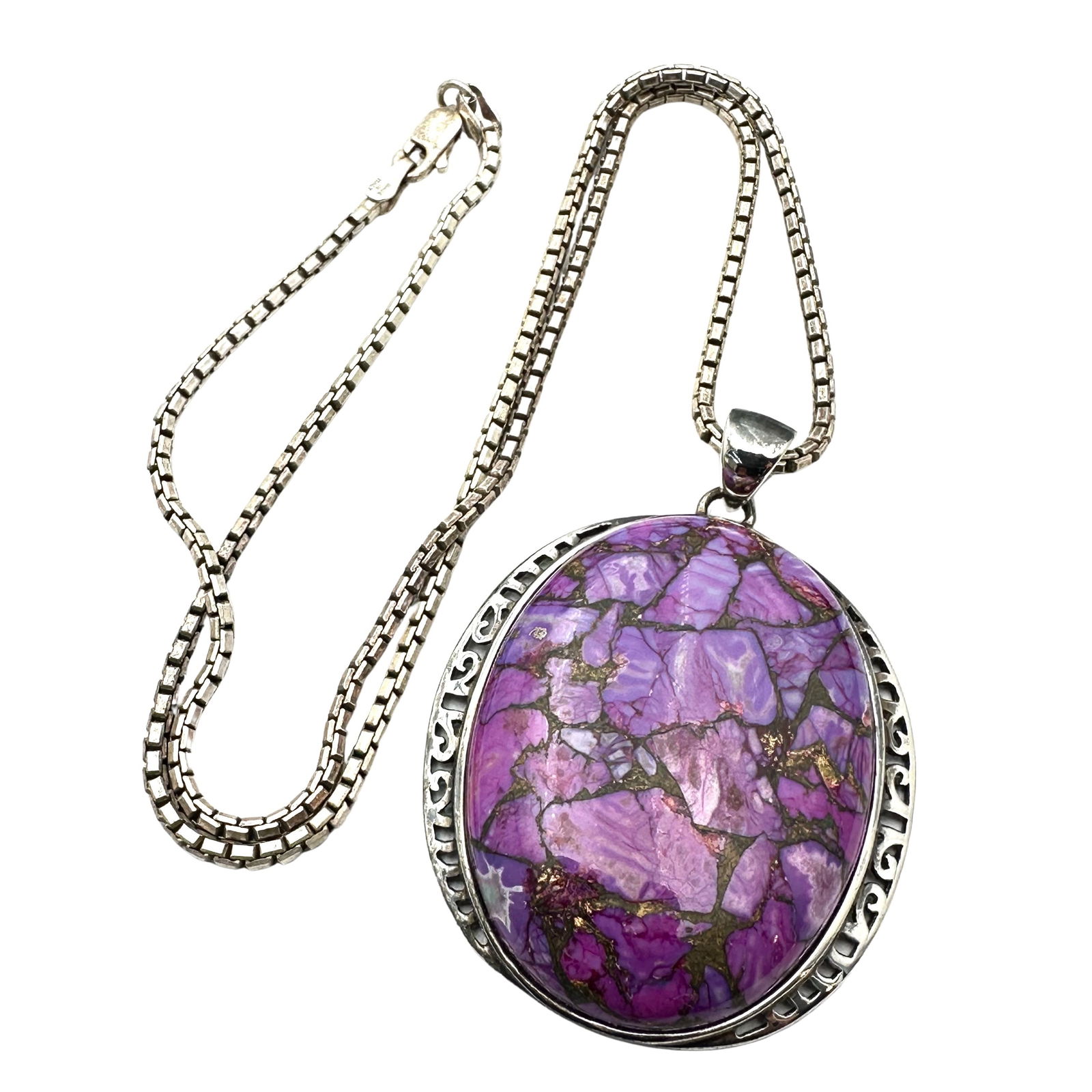 Purple Mohave Turquoise Sterling Silver 2 Inch Pendant Necklace 18 Inch Box Chain 31 Grams (1 of 2)