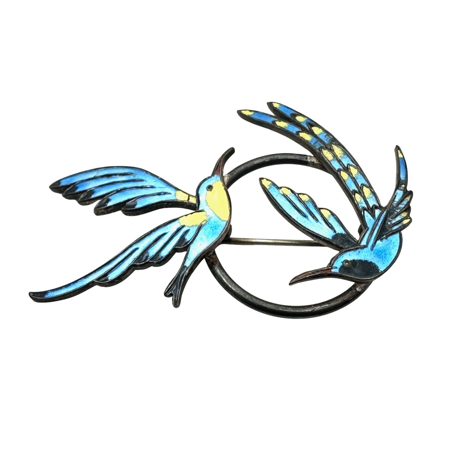 Vintage AD Sterling Silver Denmark Enamel Blue Birds Brooch Pin 2 Inch (1 of 2)