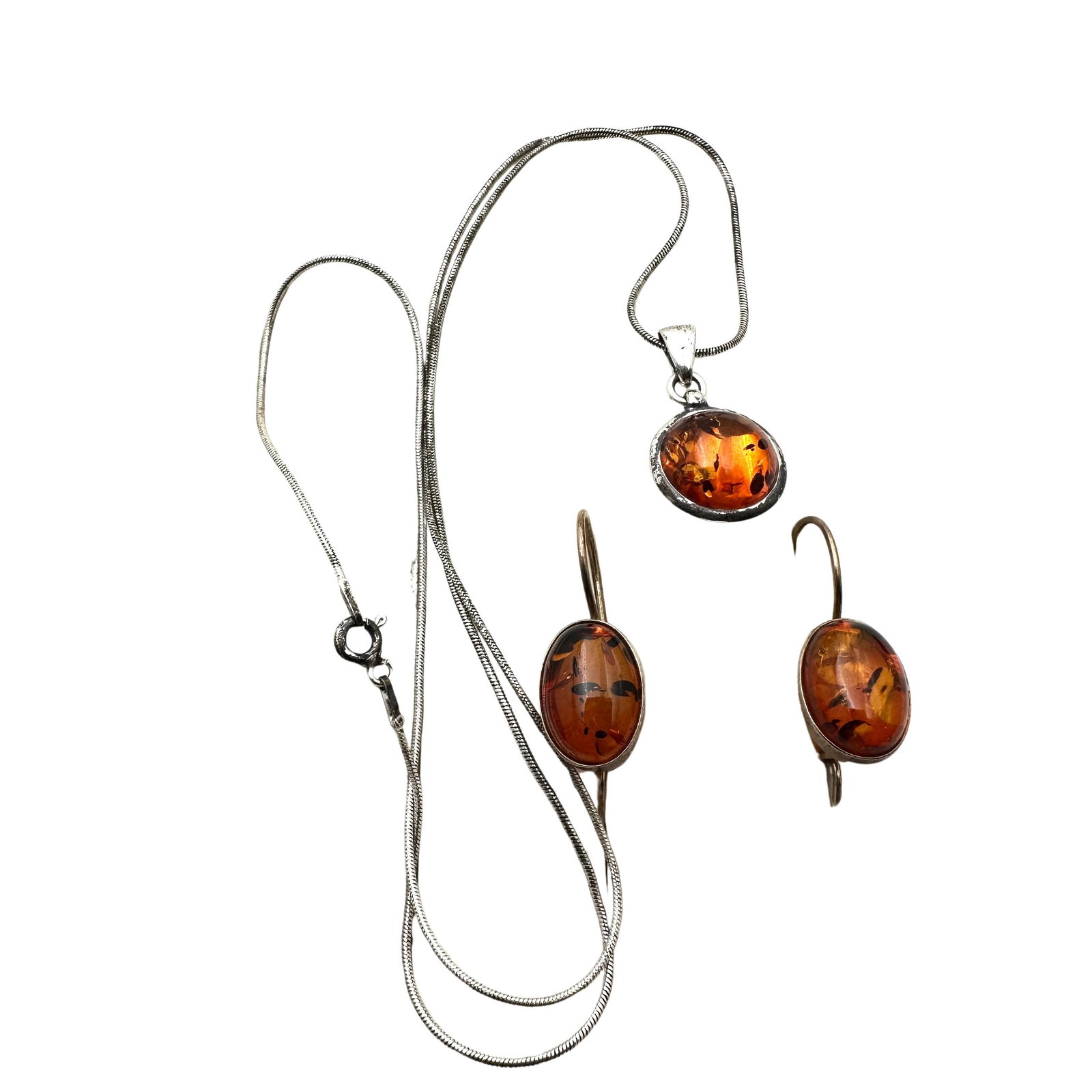 Sterling Silver Natural Amber Pierced Earrings Pendant Necklace: Sterling Silver Natural Amber Pierced Earrings Pendant Necklace