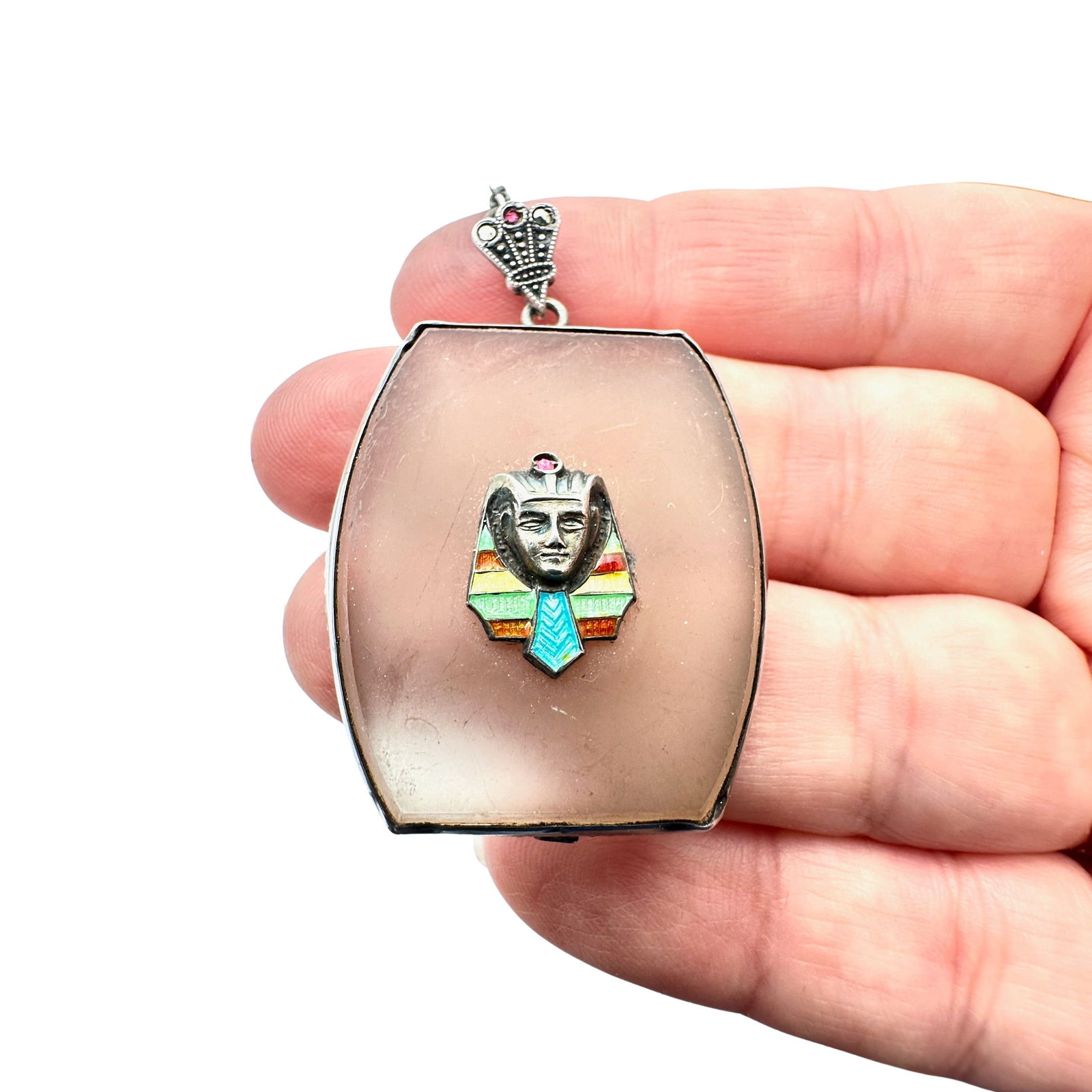 Antique Enamel Egyptian Revival Sterling Silver Pendant Necklace 20 Inch Wearable Length 20 Grams (1 of 2)