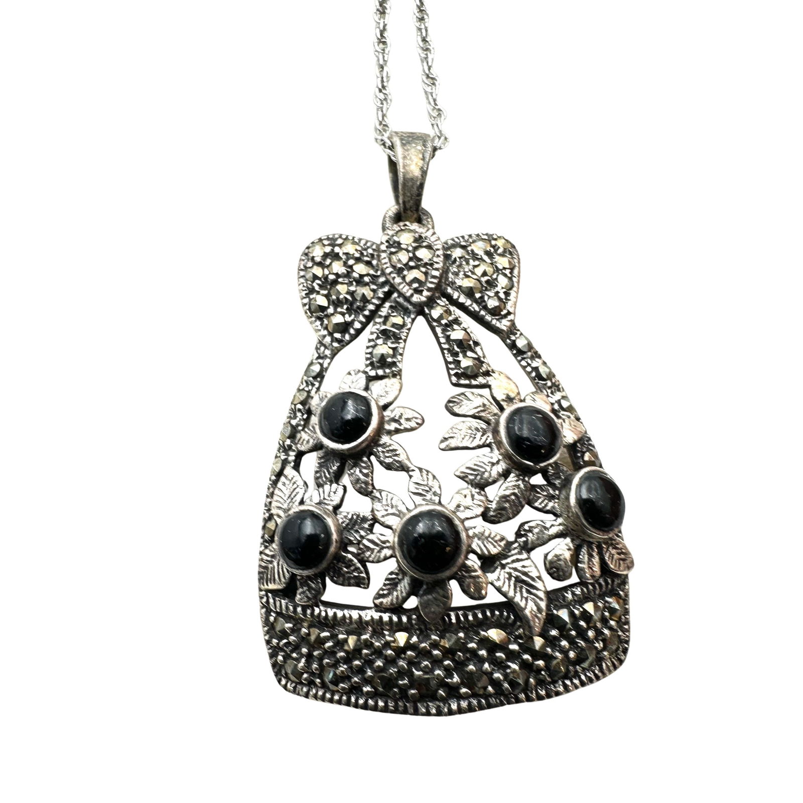 Vintage Marcasite Black Onyx Flower Basket Pendant Sterling Silver Necklace 18 Inch Chain: Vintage Marcasite Black Onyx Flower Basket Pendant Sterling Silver Necklace 18 Inch Chain