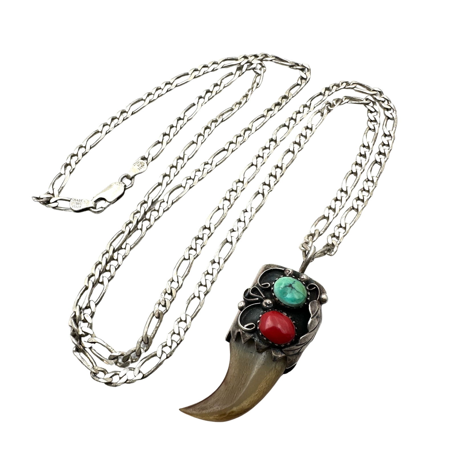 Native American Coral Turquoise Sterling Silver Bear Claw Pendant Necklace 28 Inch Chain 26 Grams (1 of 2)