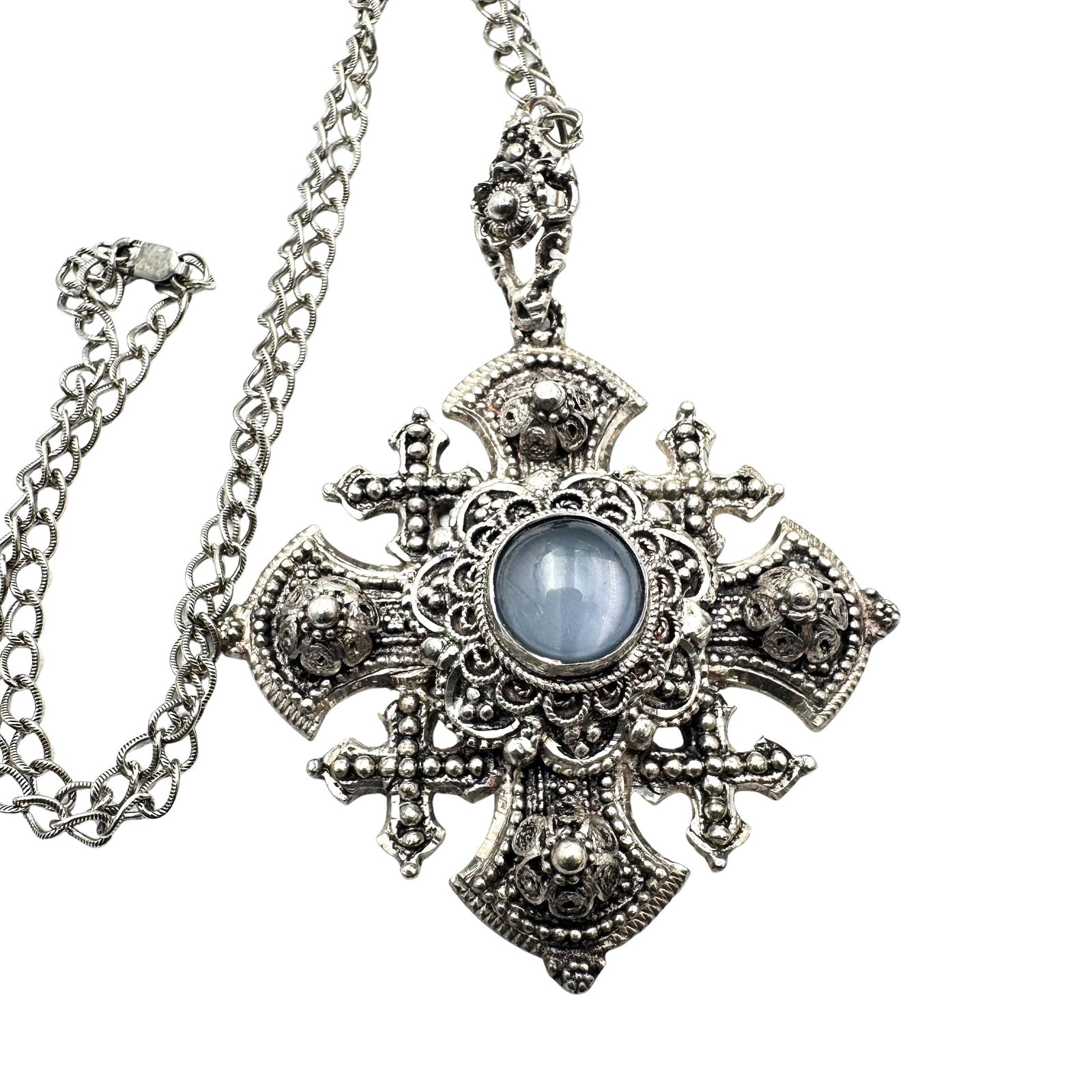 Large Antique Jerusalem 900 Silver Maltese Cross 3 Inch Pendant Necklace 16 Inch Chain (1 of 2)
