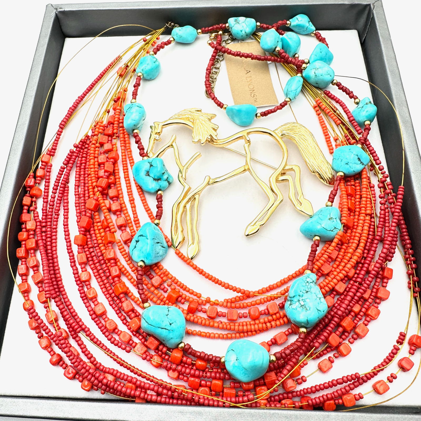 Vintage Jewelry Group Erica Lyons Necklace Gold Tone Horse Brooch Turquoise Red Coral Necklace (1 of 2)