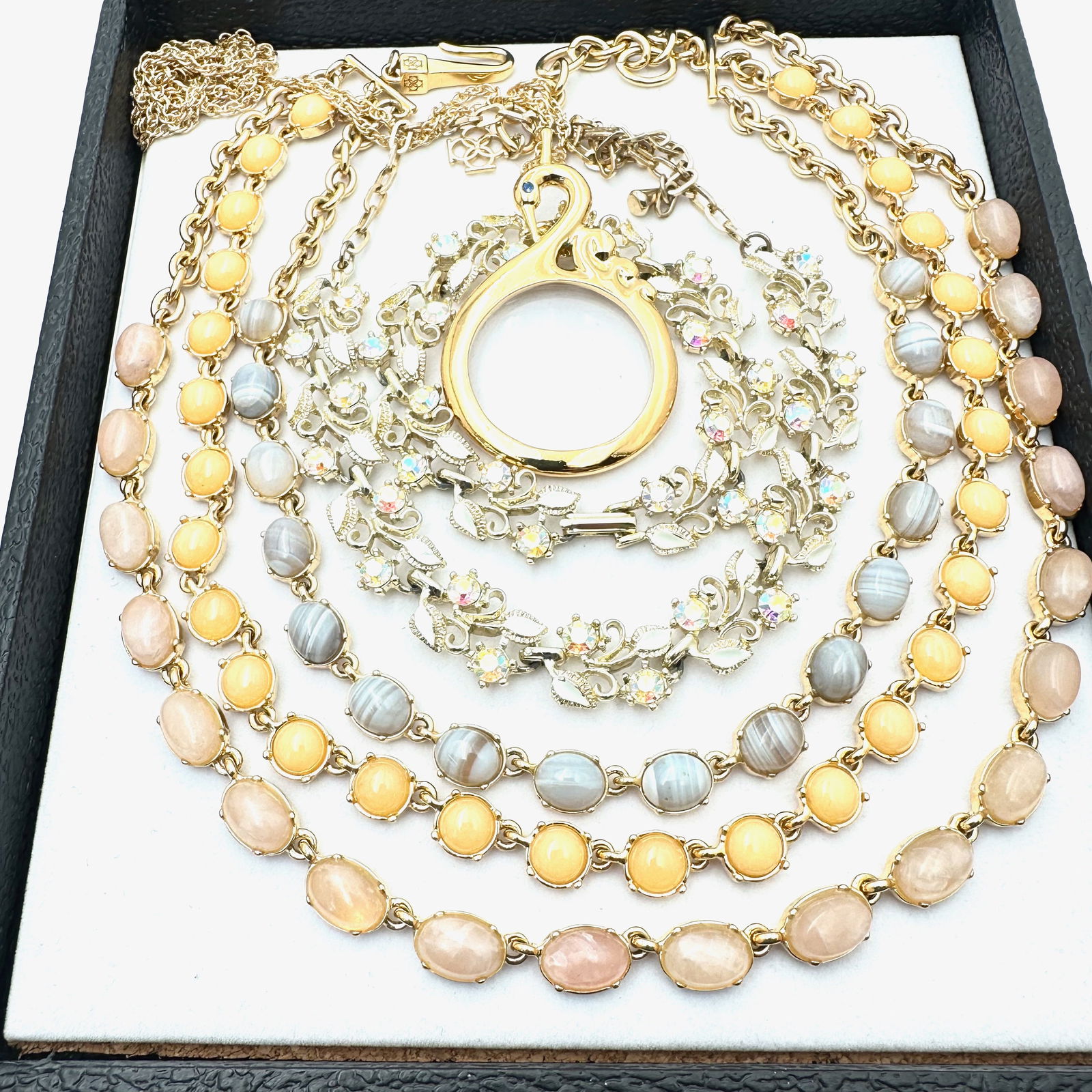 Vintage Jewelry Group Multi Strand Statement Necklace Swan Magnifying Glass Pendant Rhinestones (1 of 2)