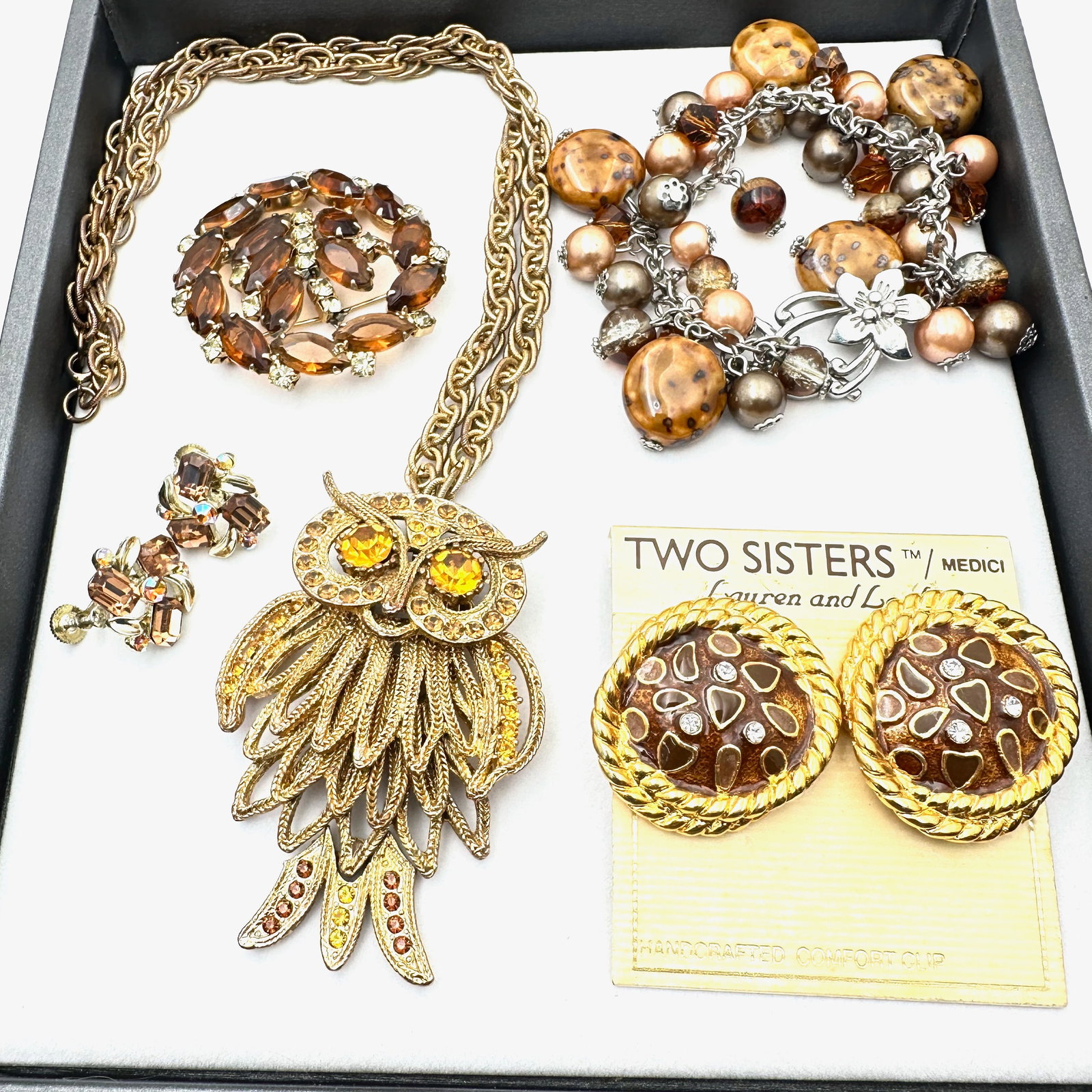 Vintage Jewelry Group Amber Rhinestone Brooch Owl Pendant Necklace Earrings Original Card Bracelet: Vintage Jewelry Group Amber Rhinestone Brooch Owl Pendant Necklace Earrings Original Card Bracelet