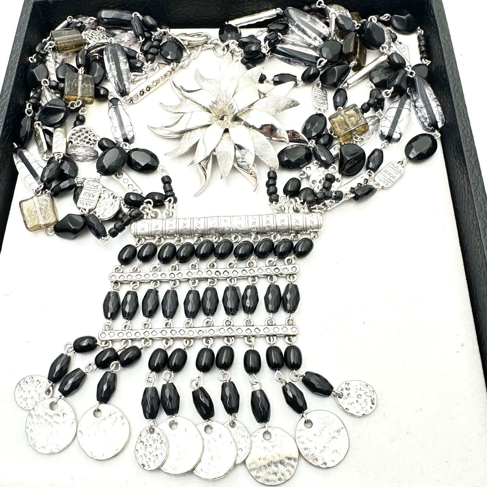 Vintage Jewelry Group Chicos Hammered Silver Tone Black Glass Statement Necklace Silver Roget Brooch (1 of 2)