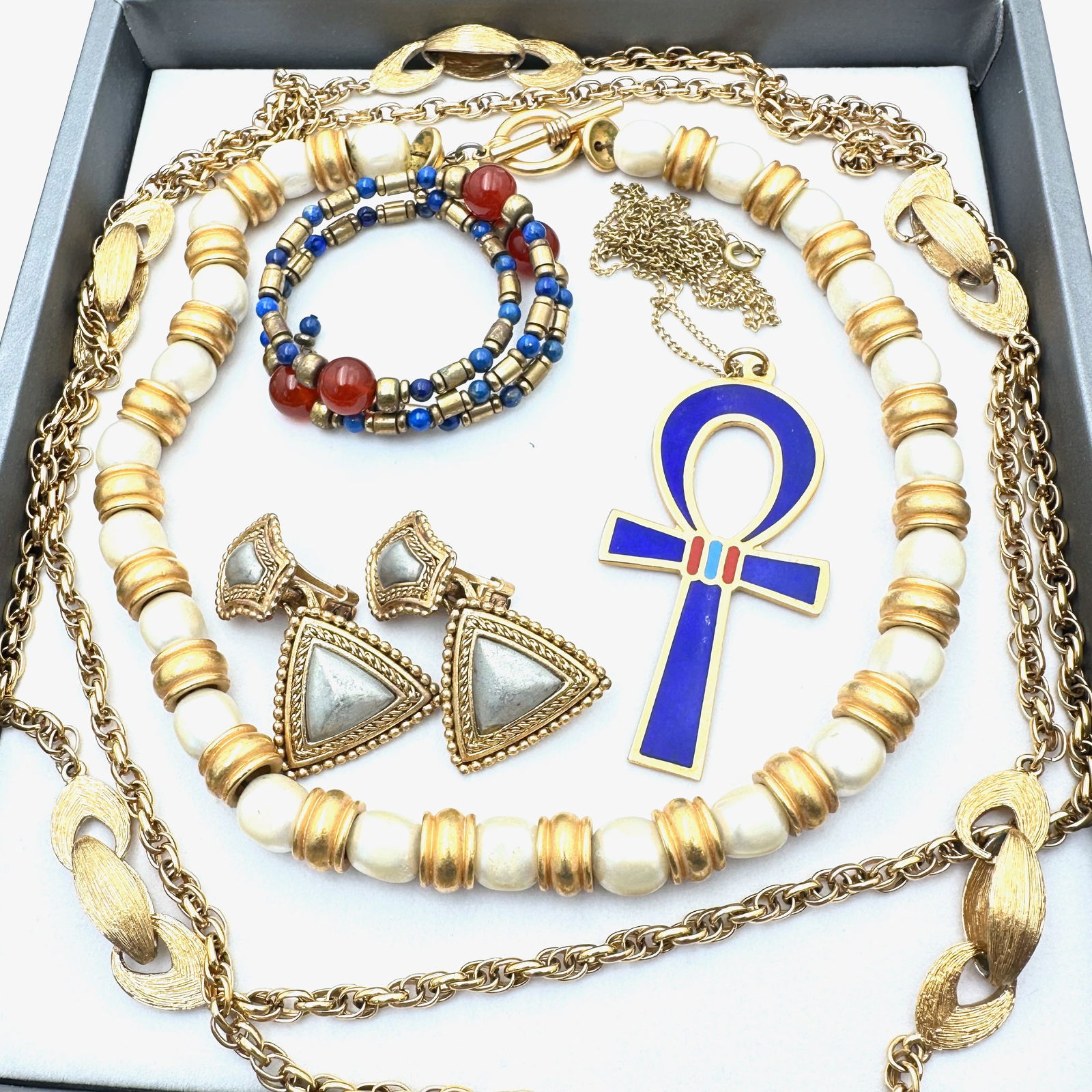 Vintage Jewelry Group Anne Klein Faux Pearl Matte Gold Necklace Egyptian Revival Pendant Bracelet: Vintage Jewelry Group Anne Klein Faux Pearl Matte Gold Necklace Egyptian Revival Pendant Bracelet