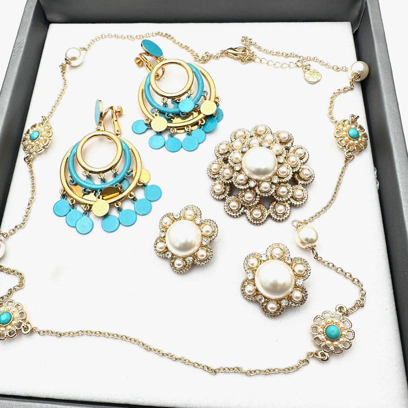 Vintage Jewelry Group Vendome Blue Statement Earrings Sarah Cov Brooch Earrings Set Necklace (1 of 2)