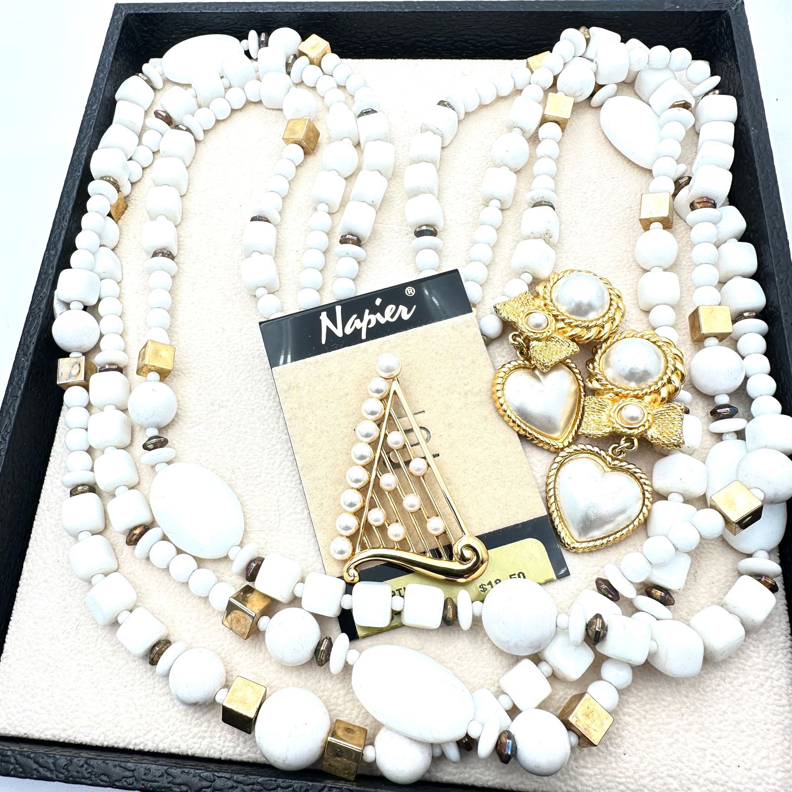 Vintage Jewelry Group White Glass Multistrand Necklace Faux Pearl Clip Earrings Napier Brooch Pin (1 of 2)