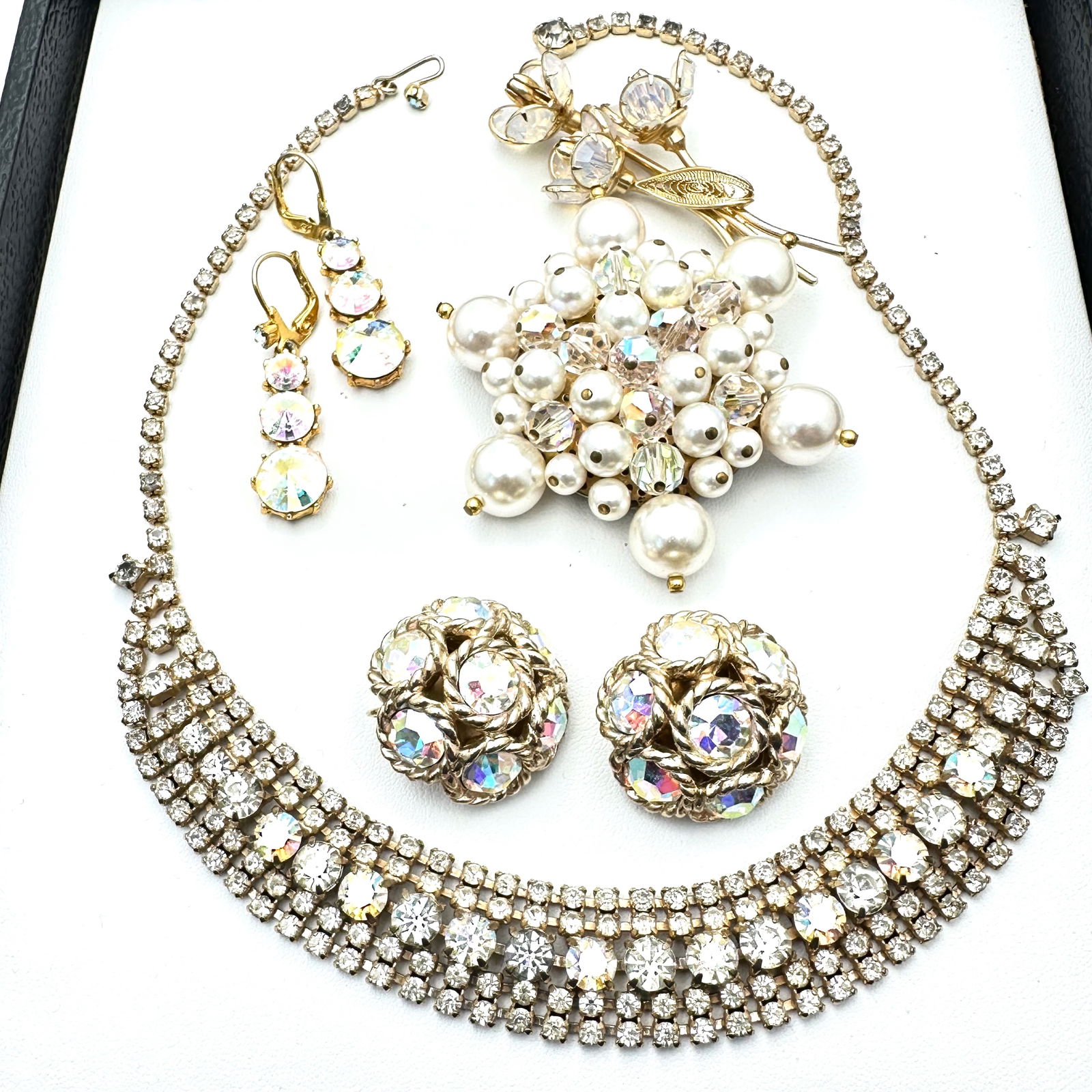 Vintage jewelry Group Sarah Cov Earrings Unsigned Rhinestone Necklace Flower Brooch Aurora Borealis (1 of 2)