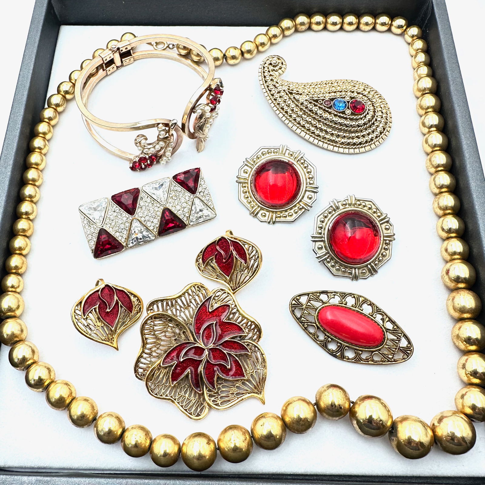 Vintage Jewelry Group Red Rhinestone Clamper Bracelet Gold Tone beads Earrings Czech Brooch (1 of 2)