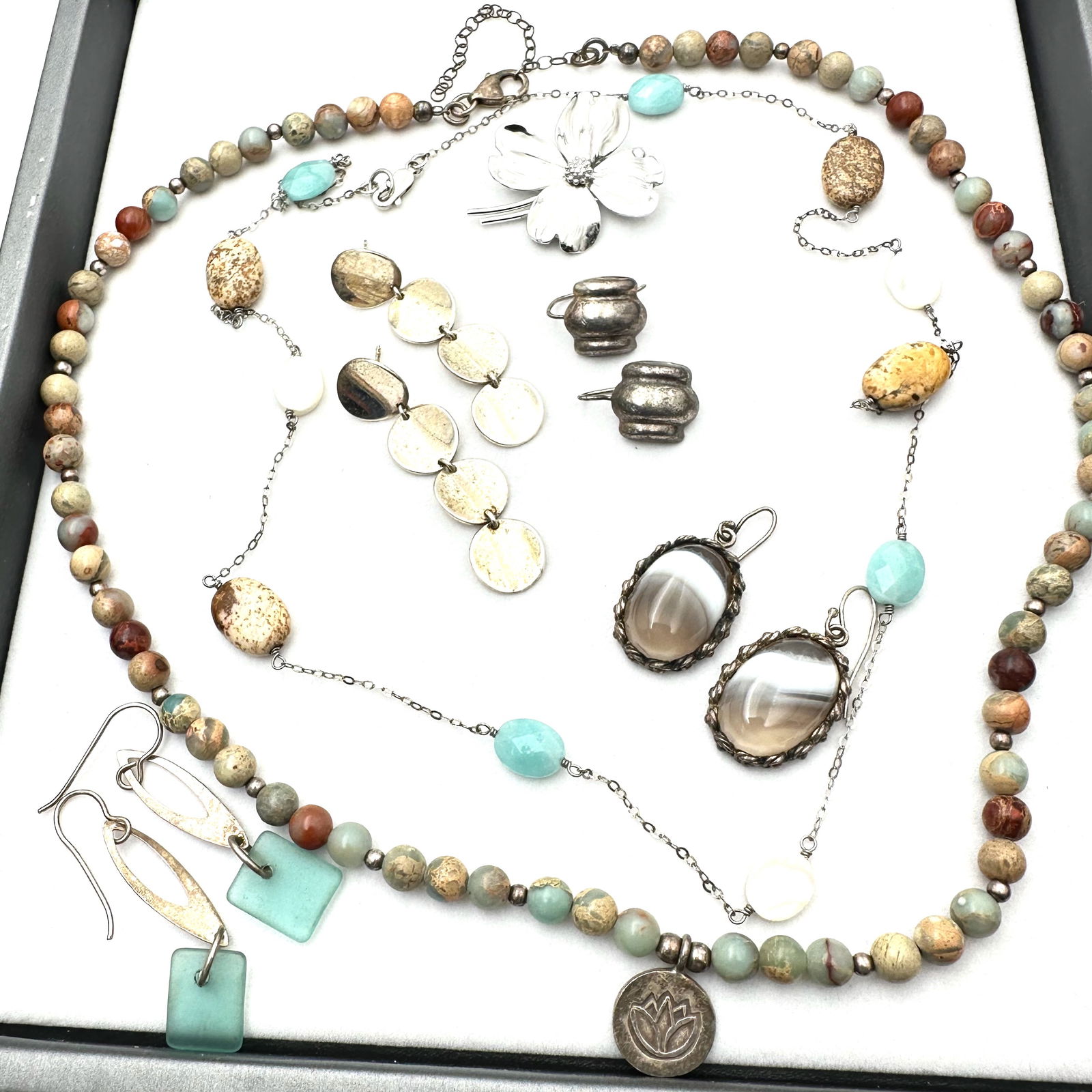 Gemstone Sterling Silver Jewelry Group Bead Necklace Brooch Pierced Earrings Jasper: Gemstone Sterling Silver Jewelry Group Bead Necklace Brooch Pierced Earrings Jasper