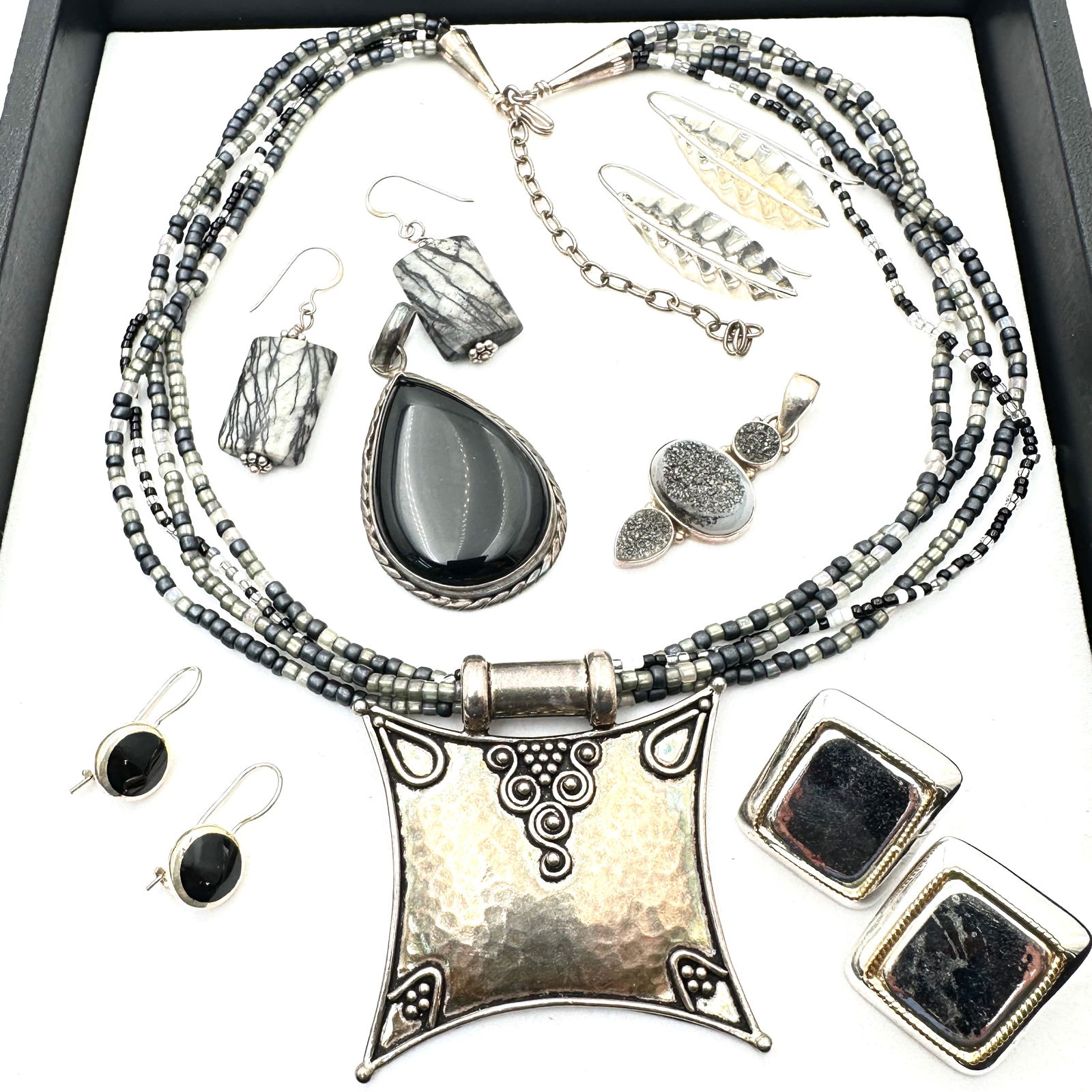 Sterling Silver jewelry Group Large Pendant Multi Strand Necklace Black Onyx Drusy Quartz Jasper (1 of 2)