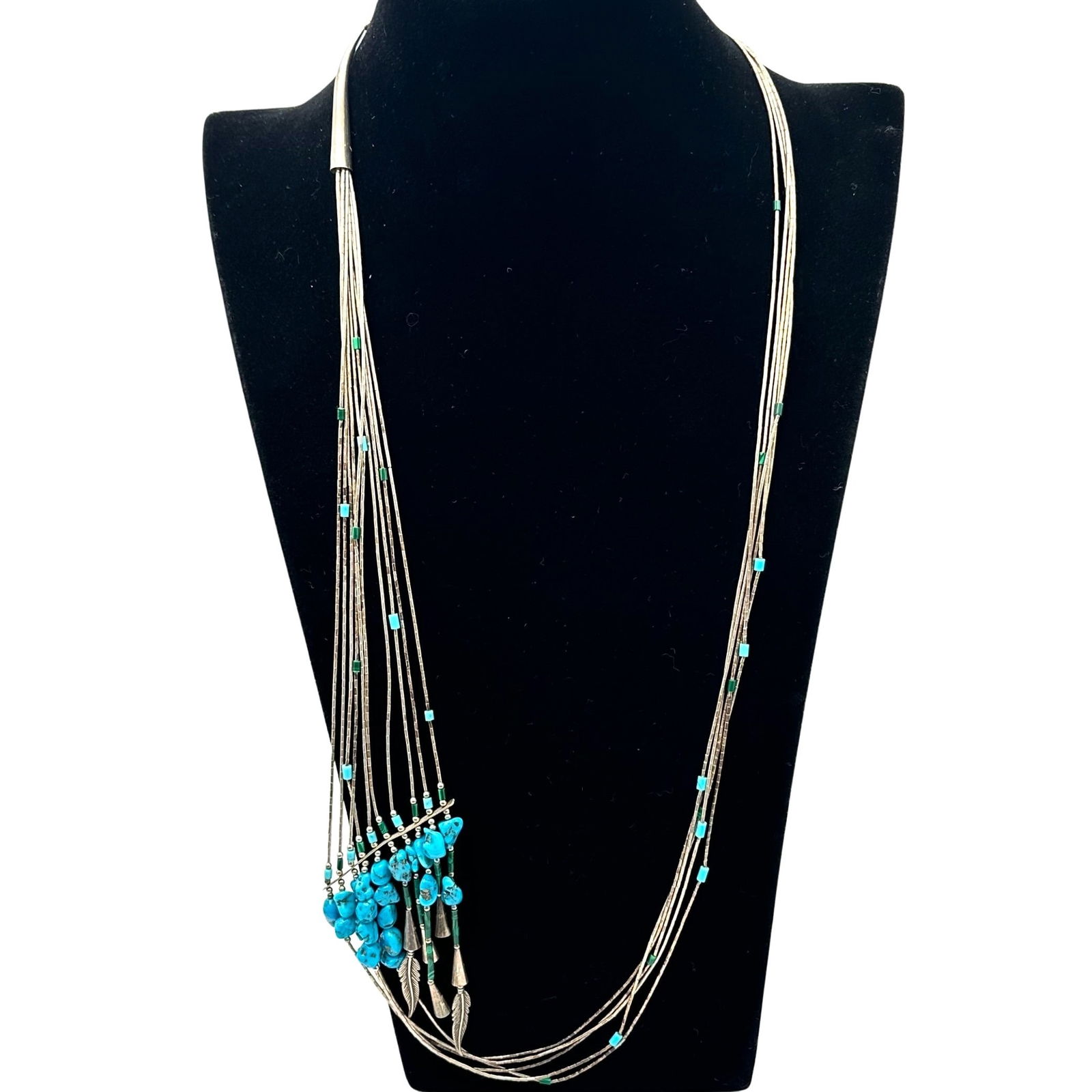 Native American Liquid Silver Blue Turquoise Statement Necklace 30 Inch 41 Grams (1 of 2)