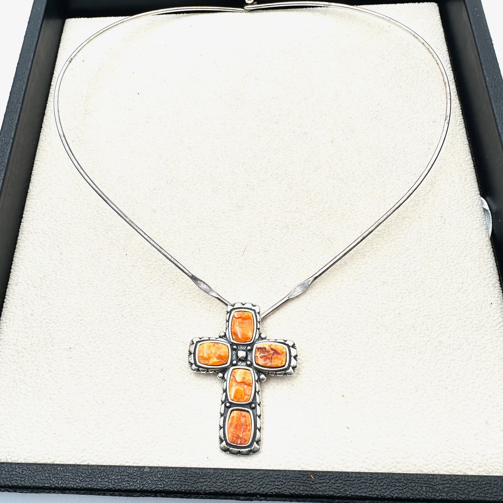 Orange Sponge Coral Sterling Silver Cross Pendant Choker Necklace 30 Grams: Orange Sponge Coral Sterling Silver Cross Pendant Choker Necklace 30 Grams