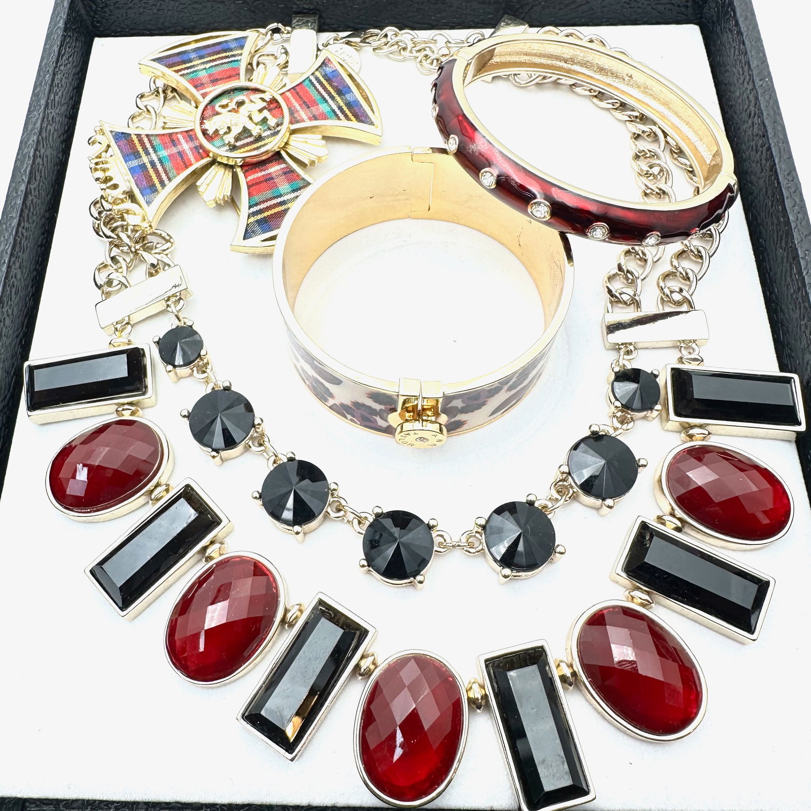 Jewelry Group Enamel Hinged Bangle Bracelet Red Black Statement Necklace Maltese Cross Brooch (1 of 2)