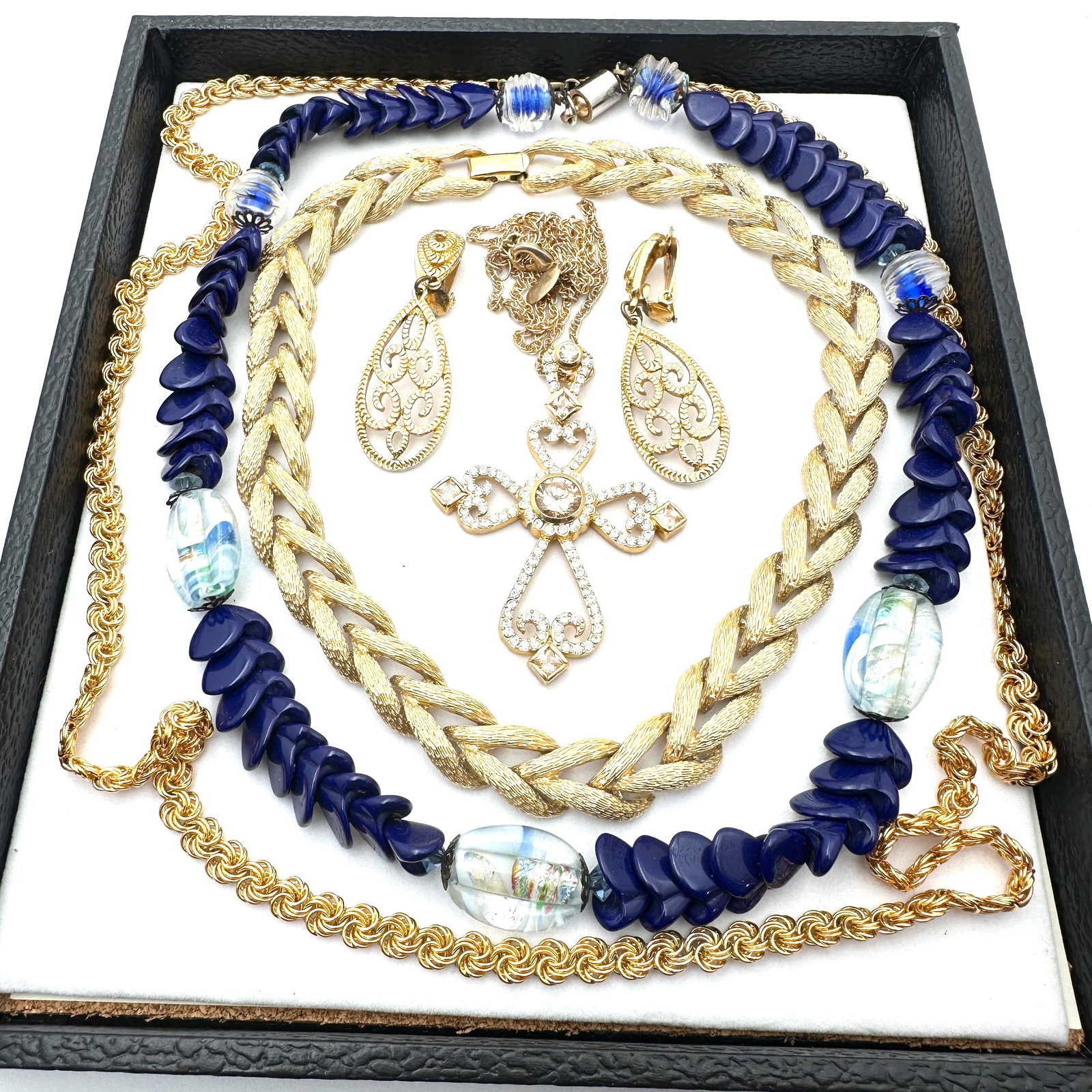 Jewelry Group Vintage Blue Glass Necklace Cross Pendant Necklace Gold Tone Earrings: Jewelry Group Vintage Blue Glass Necklace Cross Pendant Necklace Gold Tone Earrings