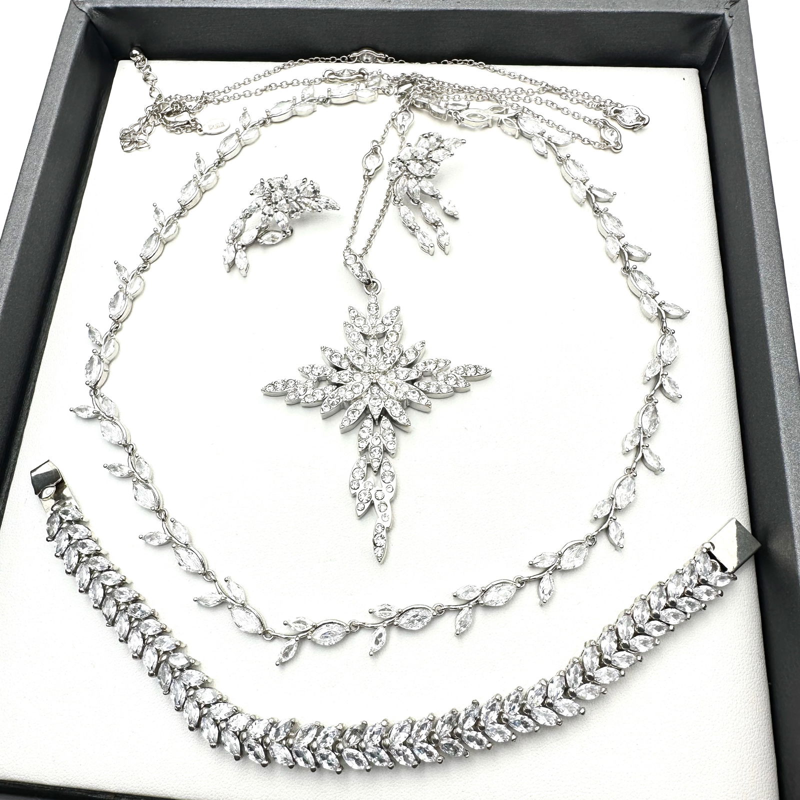 Jewelry Group Clear Rhinestone Silver Tone Necklace Cross Pendant Necklace Earrings Bracelet (1 of 2)