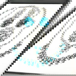 Vintage Jewelry Group Aqua Blue Glass Rhinestone Necklaces Brooch Earrings: Vintage Jewelry Group Aqua Blue Glass Rhinestone Necklaces Brooch Earrings