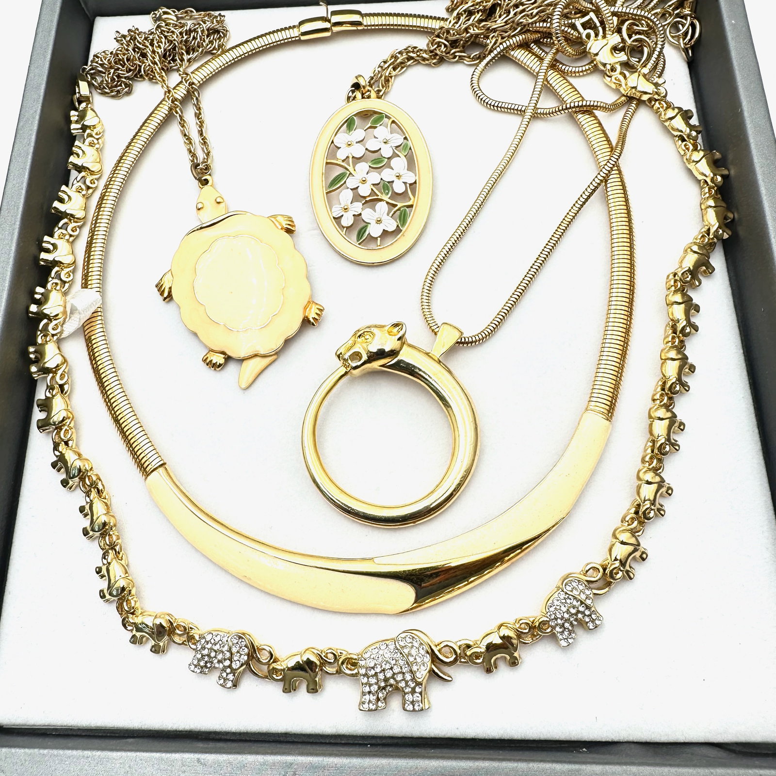 Vintage Jewelry Group Cream Enamel Turtle Necklace Rhinestone Elephant Necklace Jaguar Pendant: Vintage Jewelry Group Cream Enamel Turtle Necklace Rhinestone Elephant Necklace Jaguar Pendant