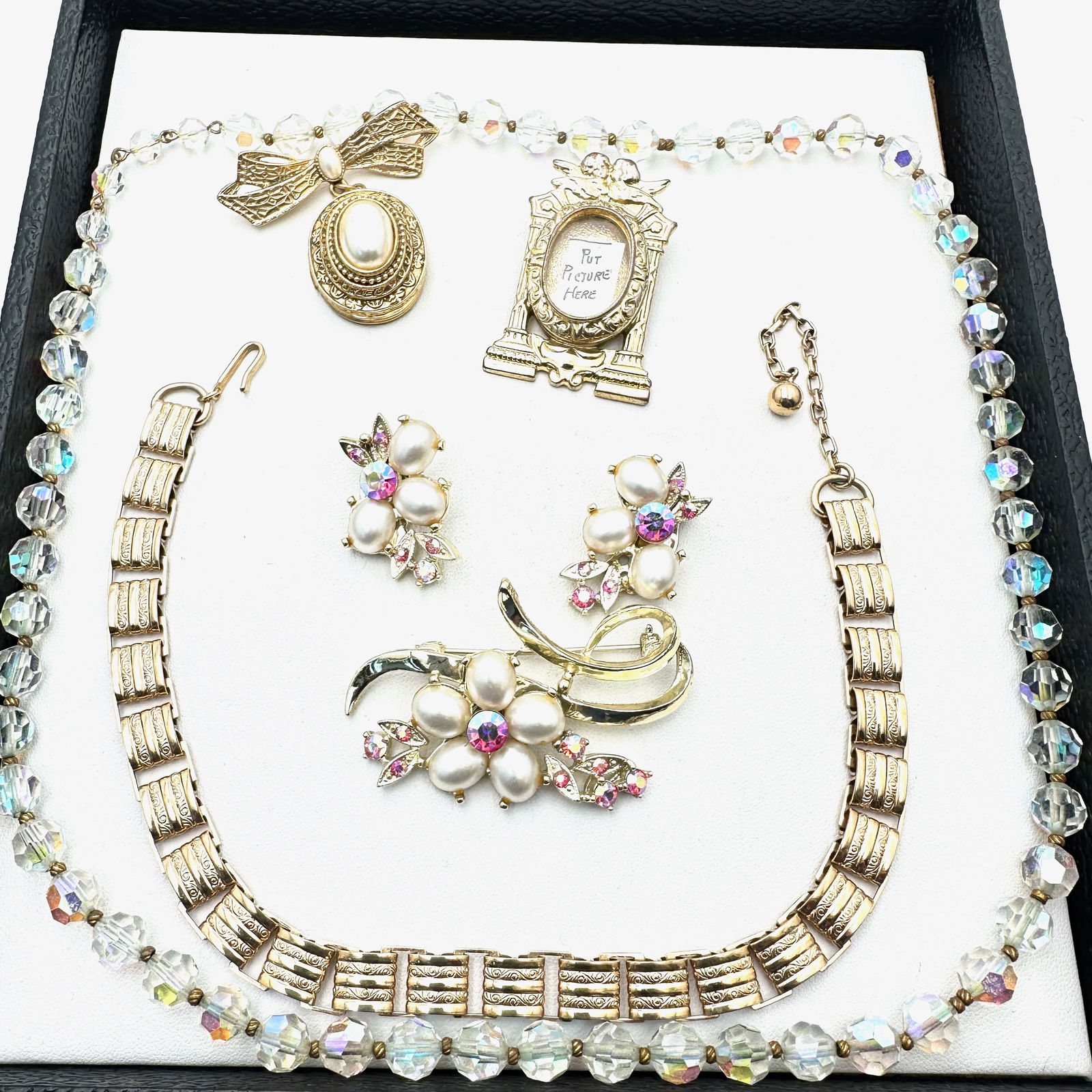 Vintage Jewelry Group Rhinestone Brooch Earrings Set Book Chain Victorian Revival Brooches (1 of 2)