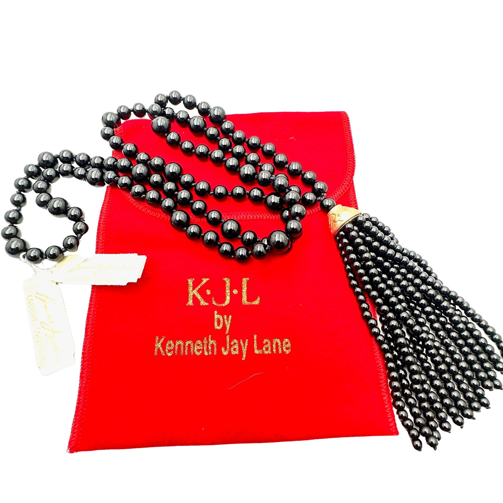 Kenneth Lane Black Glass Bead Tassel Necklace Pouche Included Original Tags 34 Inch (1 of 2)
